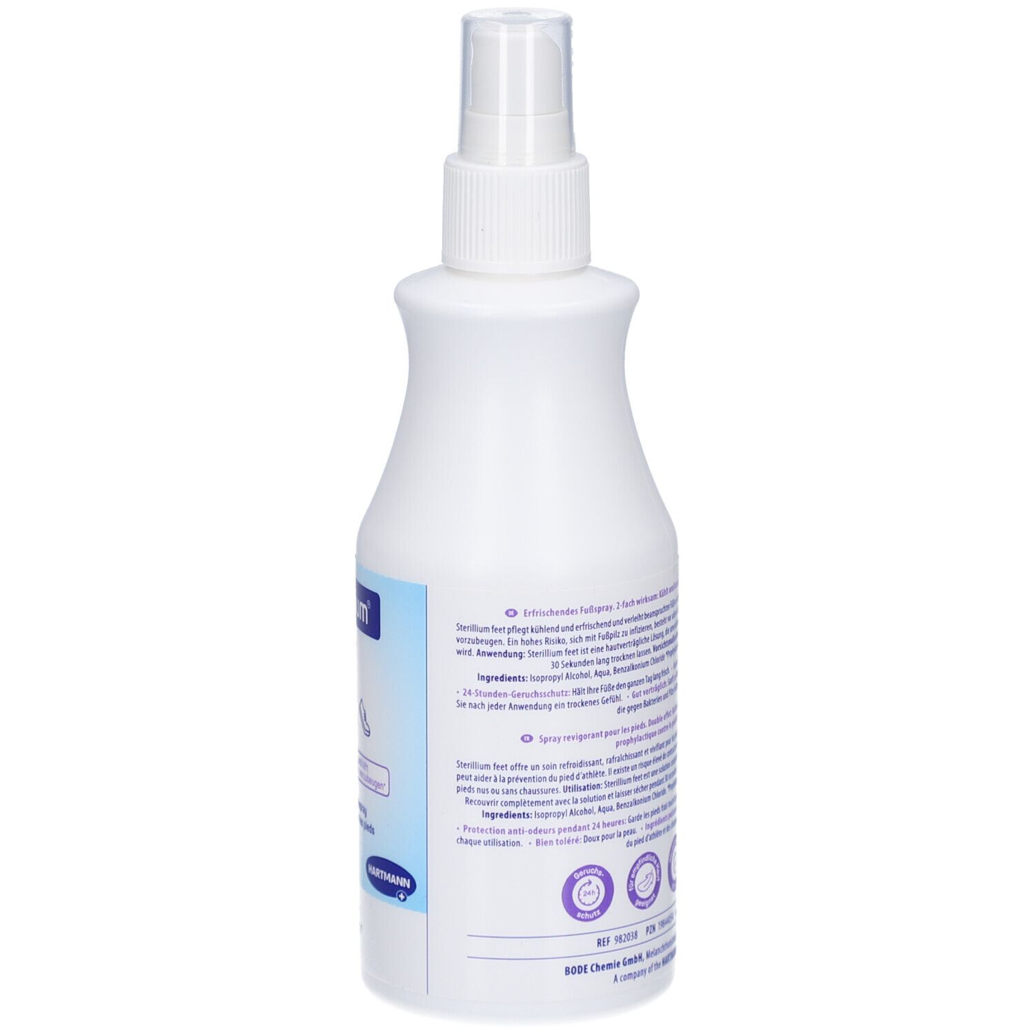 Rückseite einer weißen Sprühflasche. Etikett mit Text und Logos. Produktname: Sterillium feet.