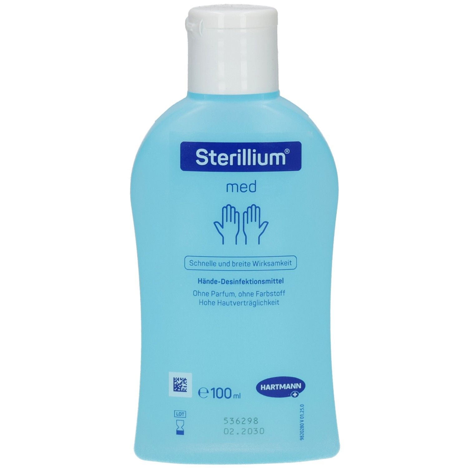 Blaue Flasche mit weißem Deckel. Aufschrift: Sterillium med. Hände-Desinfektionsmittel. Enthält 100ml.