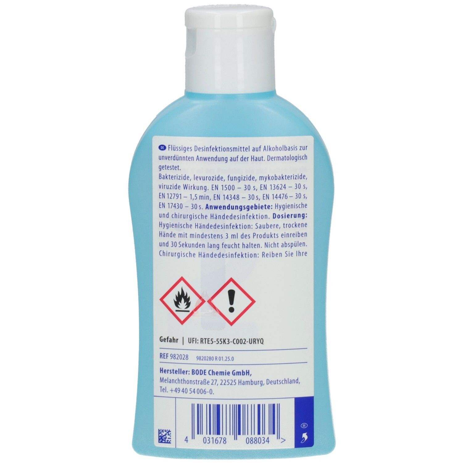 Rückseite der blauen Flasche. Text: Flüssiges Desinfektionsmittel. Warnhinweise und Herstellerinformationen.