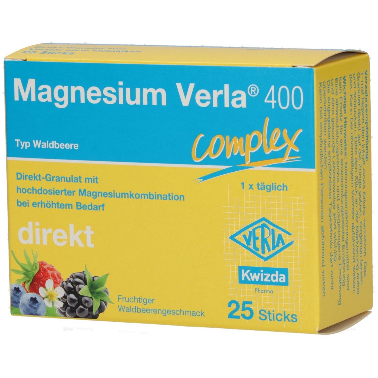 Gelb-blaue Schachtel mit Produktnamen Magnesium Verla 400. Aufdruck: direkt, 25 Sticks, Waldbeergeschmack. Veria Pharma.