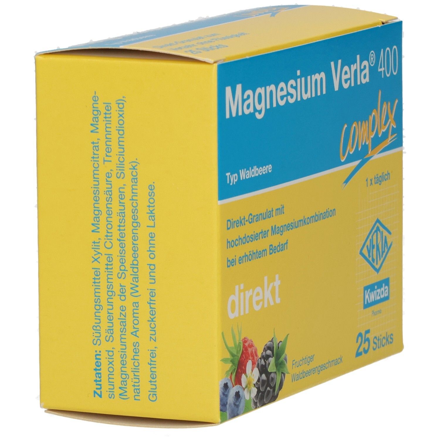 Gelb-blaue Schachtel Magnesium Verla 400. Aufdruck: direkt, 25 Sticks, Waldbeergeschmack. Zutatenliste. Veria Pharma.