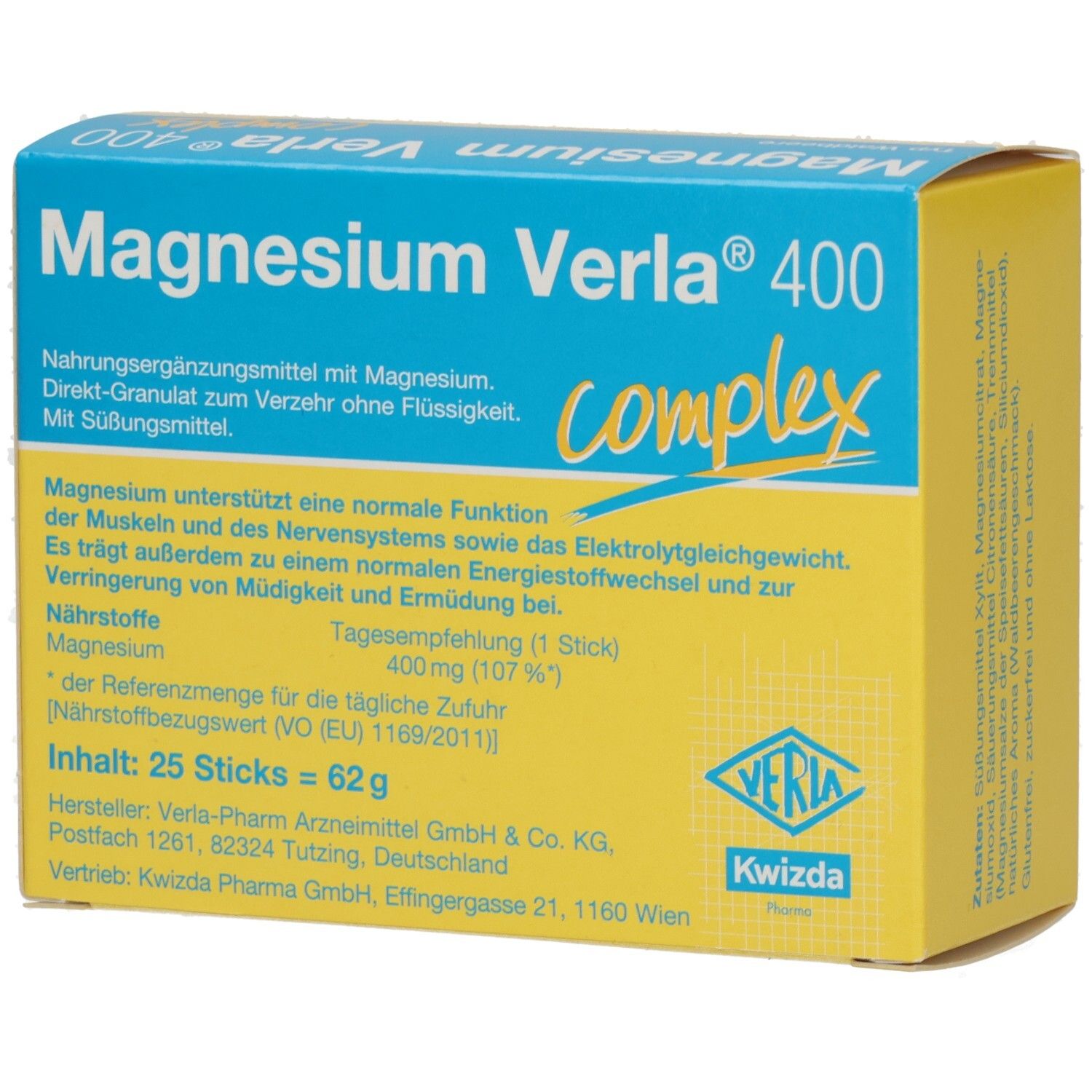 Gelb-blaue Schachtel Magnesium Verla 400. Aufdruck: 25 Sticks, Nährwertangaben, Magnesium. Veria Pharma.