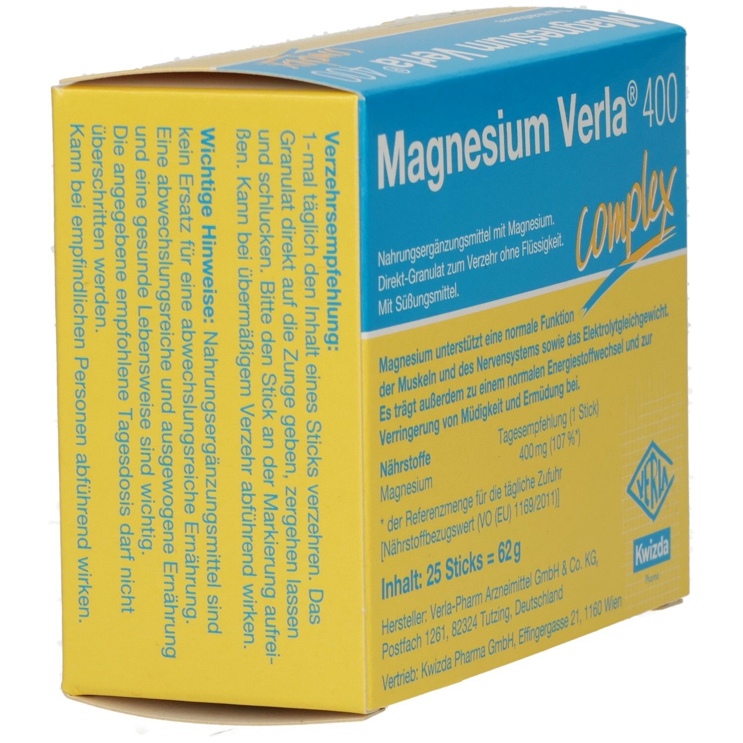 Gelb-blaue Schachtel Magnesium Verla 400. Aufdruck: 25 Sticks, Verzehrempfehlung, wichtige Hinweise. Veria Pharma.