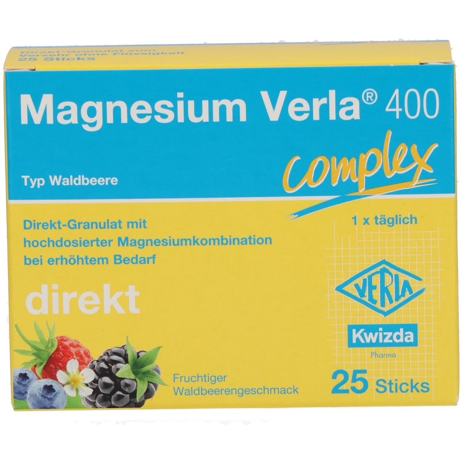 Gelb-blaue Schachtel Magnesium Verla 400. Aufdruck: direkt, 25 Sticks, Waldbeergeschmack. Veria Pharma.