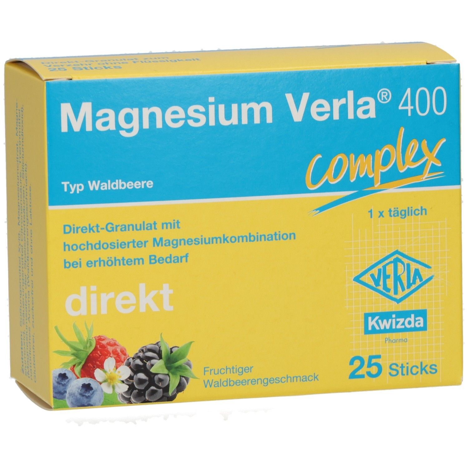 Gelb-blaue Schachtel Magnesium Verla 400. Aufdruck: direkt, 25 Sticks, Waldbeergeschmack. Veria Pharma.