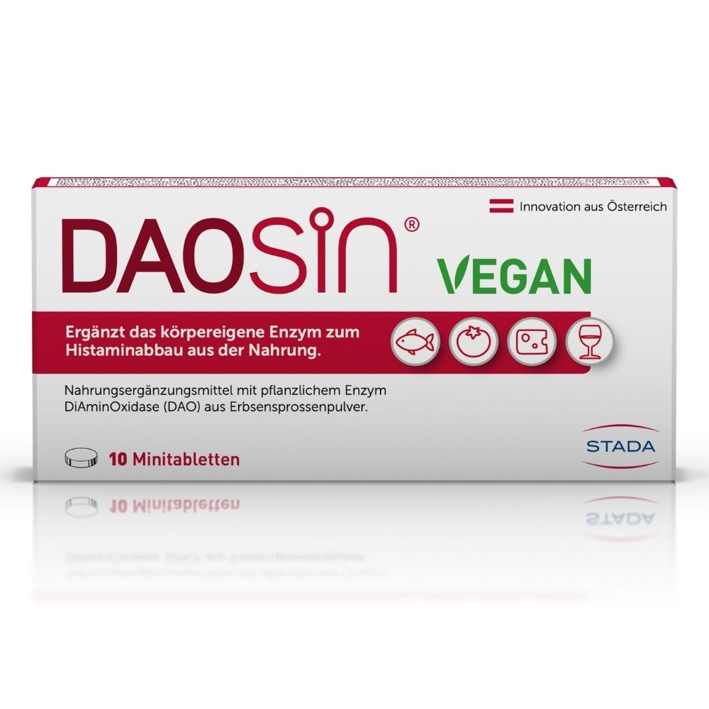 DAOSIN® VEGAN 10 Minitabletten Packung mit Informationen zur Enzymunterstützung.