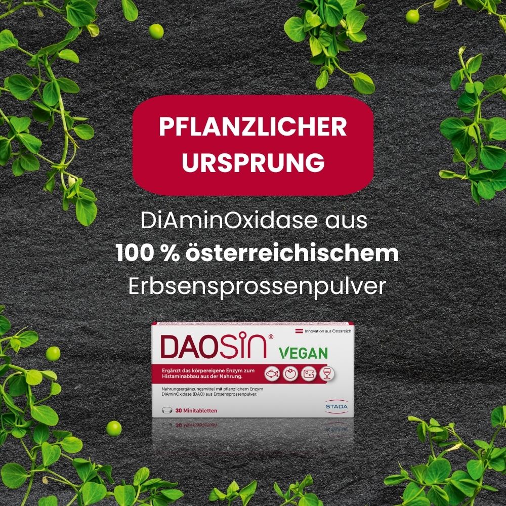 DAOSIN® VEGAN: Pflanzlicher Ursprung, DiAminOxidase aus 100% österreichischem Erbsensprossenpulver.