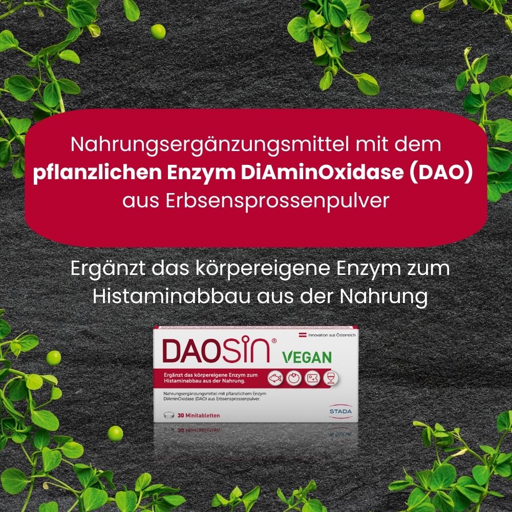 DAOSIN® VEGAN: Nahrungsergänzungsmittel mit pflanzlichem Enzym DiAminOxidase (DAO) aus Erbsensprossen.