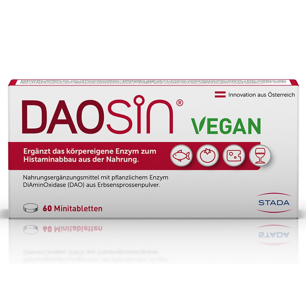 DAOSIN® Vegan Packung mit 60 Minitabletten, unterstützt den Histaminabbau.