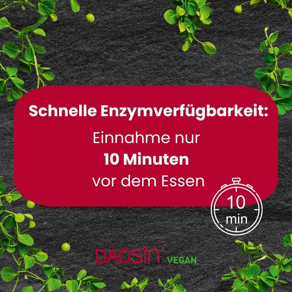 DAOSIN® Vegan: Schnelle Enzymverfügbarkeit, Einnahme 10 Minuten vor dem Essen.