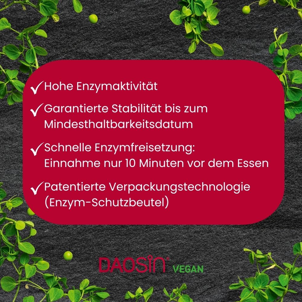 DAOSIN® Vegan: Hohe Enzymaktivität, Stabilität, Einnahme 10 Min. vor dem Essen.