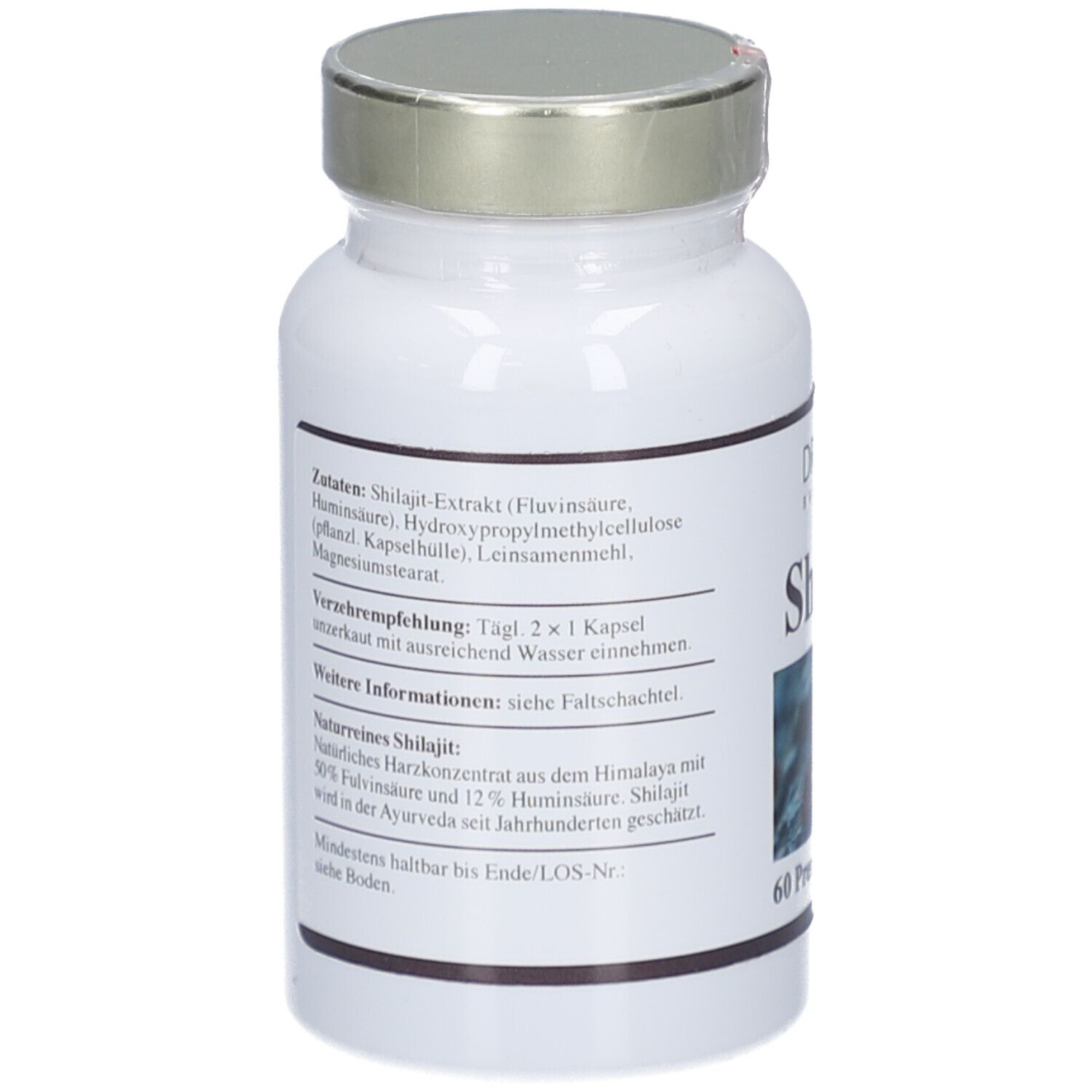 Weiße Flasche mit silbernem Deckel. Rückseite mit Text. Zutaten, Verzehrempfehlung, weitere Informationen, Mindesthaltbarkeit.