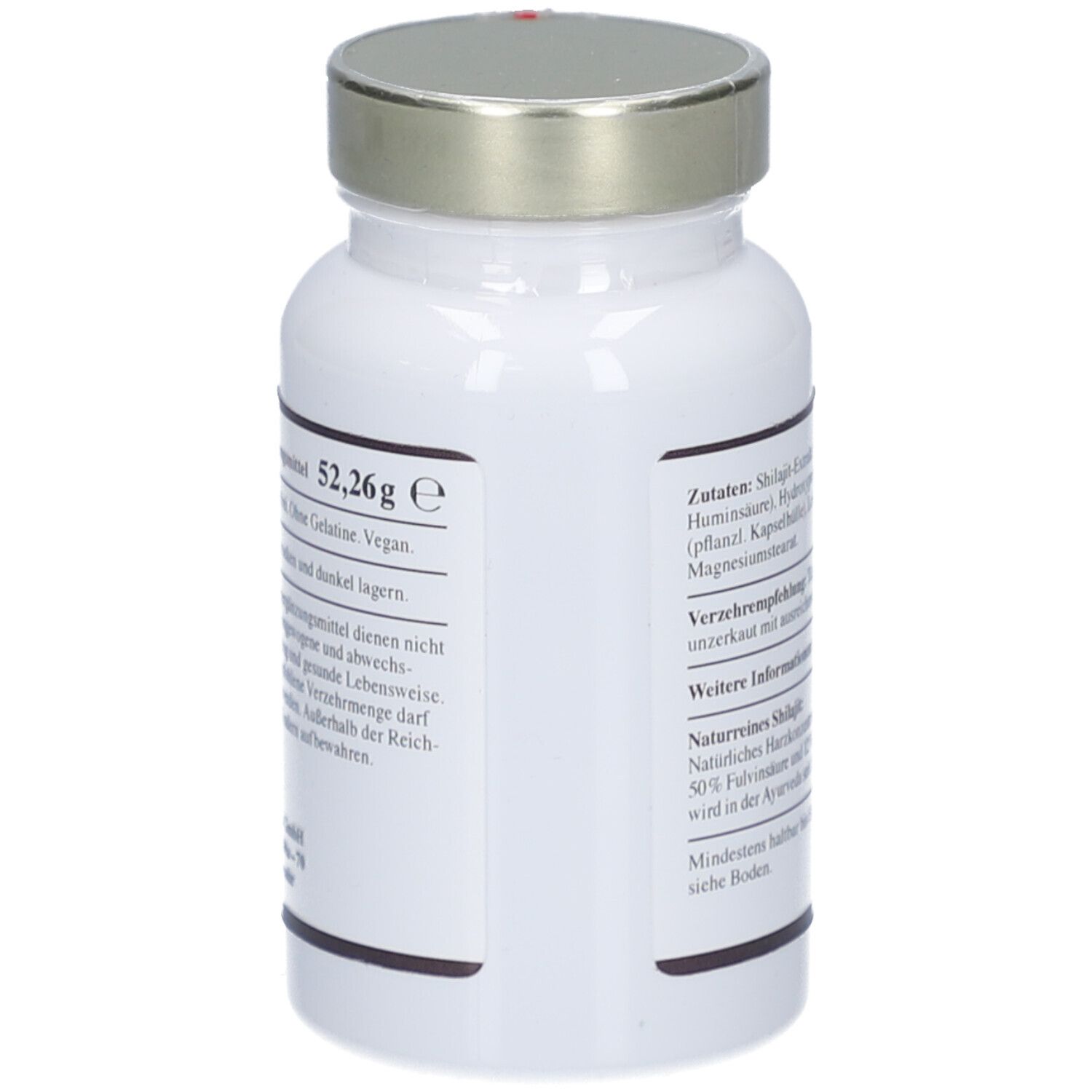 Weiße Flasche mit silbernem Deckel. Aufschrift: 52,26g e. Text: Zutaten, Lagerung, Hinweis. Vegan, glutenfrei.