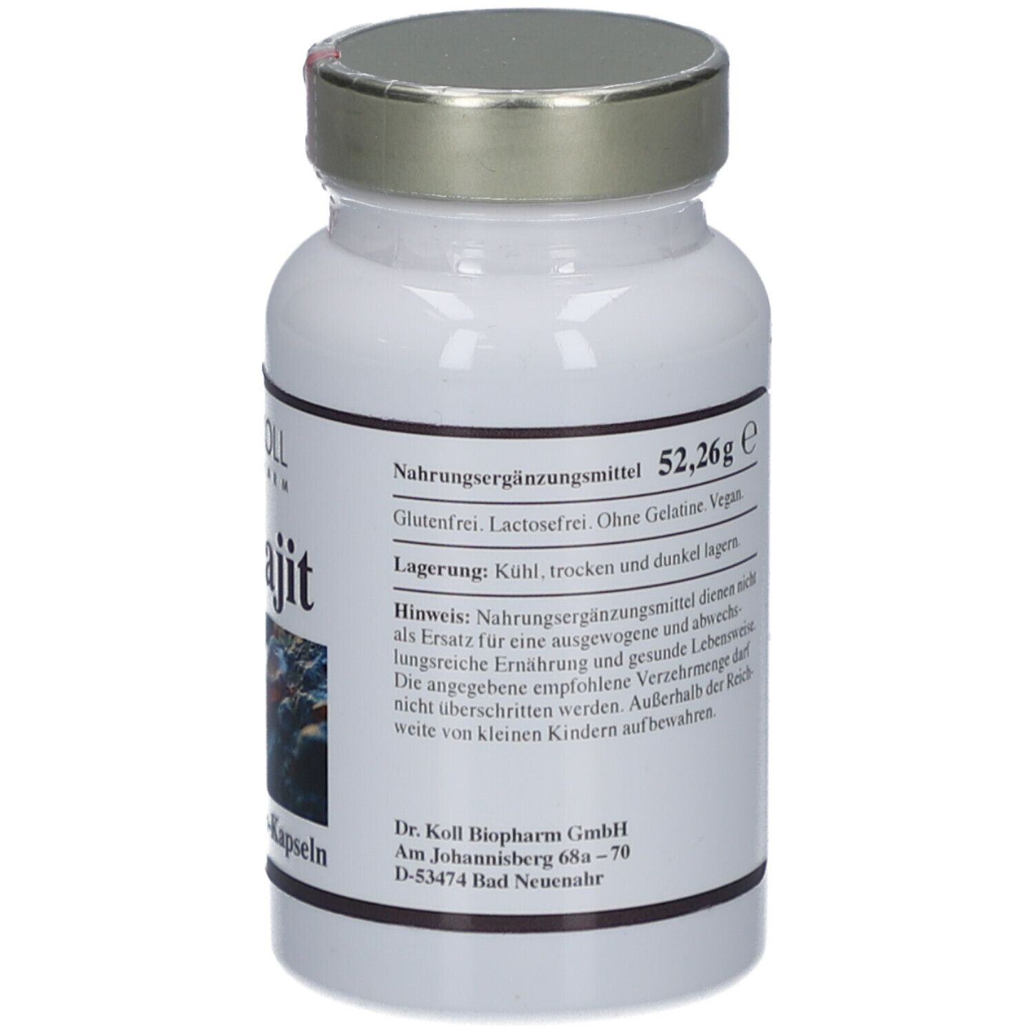 Weiße Flasche mit silbernem Deckel. Aufschrift: 52,26g e. Text: Nahrungsergänzungsmittel, Lagerung, Hinweis. Vegan, glutenfrei.