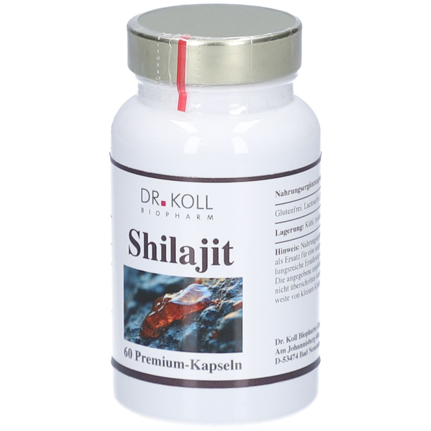 Weiße Flasche mit silbernem Deckel. Aufschrift: DR. KOLL BIOPHARM, Shilajit, 60 Premium-Kapseln. Bild von Harz.