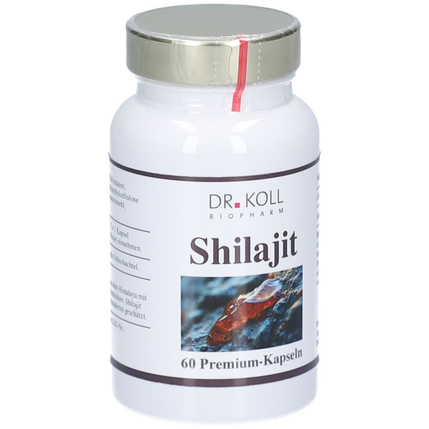 Weiße Flasche mit silbernem Deckel. Aufschrift: DR. KOLL BIOPHARM, Shilajit, 60 Premium-Kapseln. Bild von Harz.