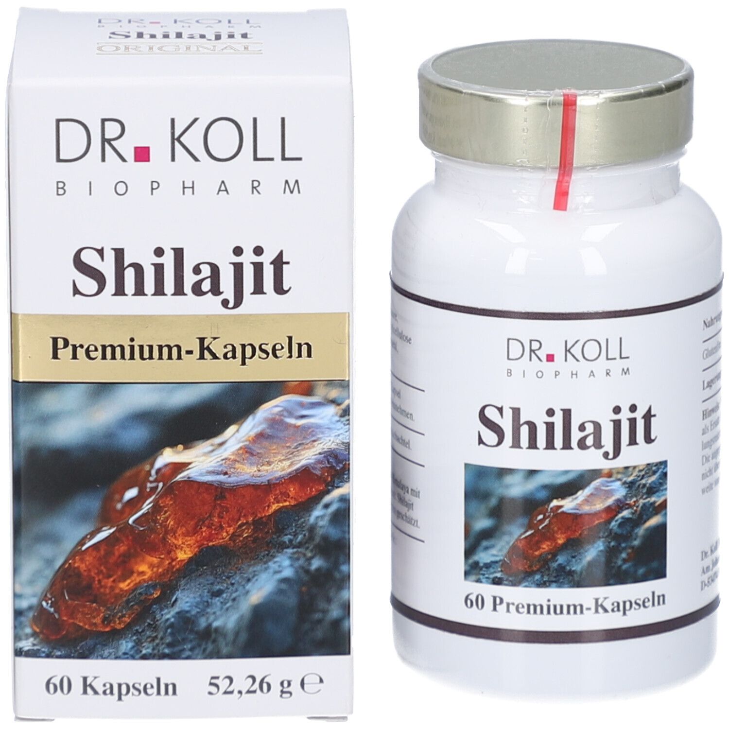 Produktpackung und Flasche. Packung: DR. KOLL, Shilajit, Premium-Kapseln, 60 Kapseln, 52,26g e. Flasche: Shilajit.