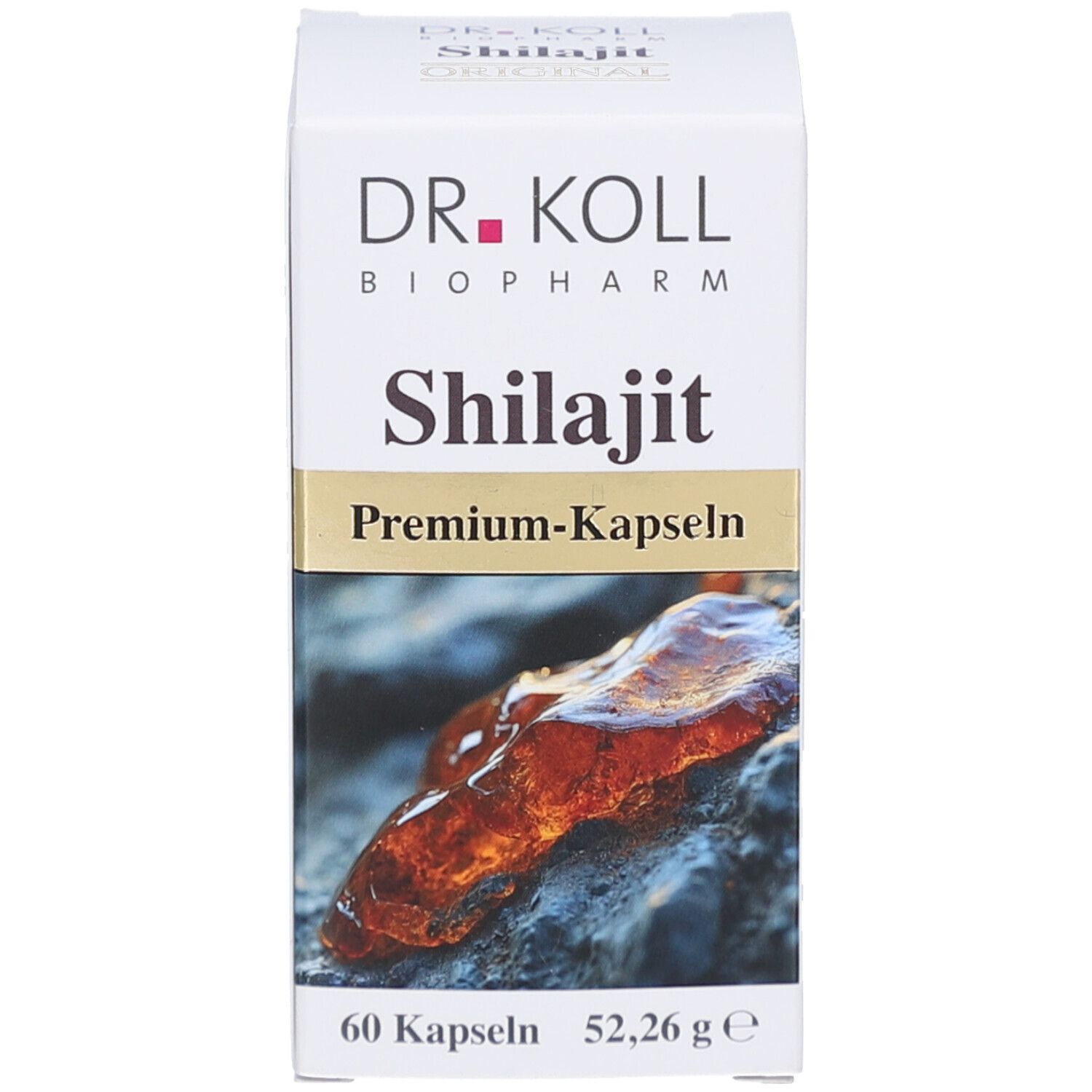 Produktpackung. Aufschrift: DR. KOLL, Shilajit, Premium-Kapseln, 60 Kapseln, 52,26g e. Bild von Harz.