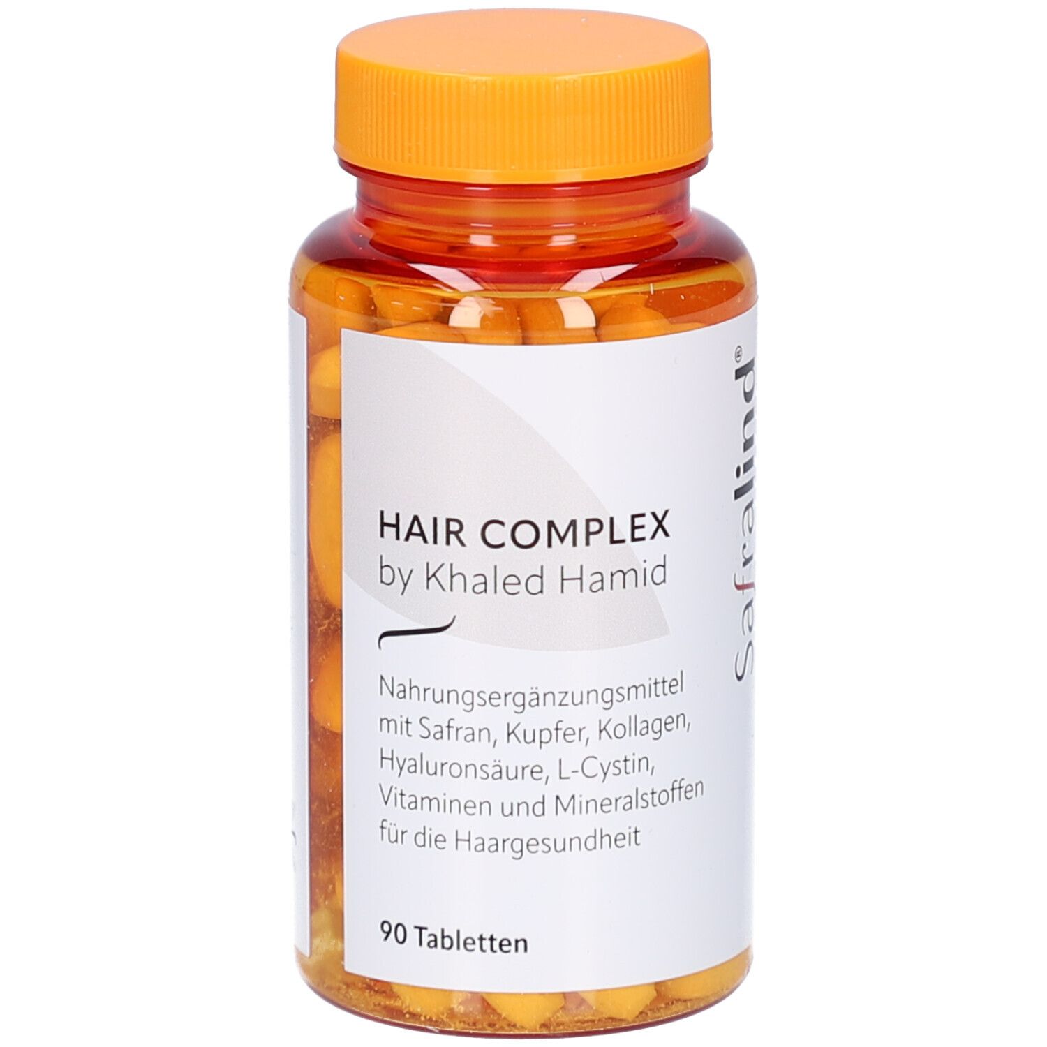 Braune Tabletten in einer transparenten Flasche mit orangefarbenem Deckel. Aufkleber mit Produktinformationen. 90 Tabletten.