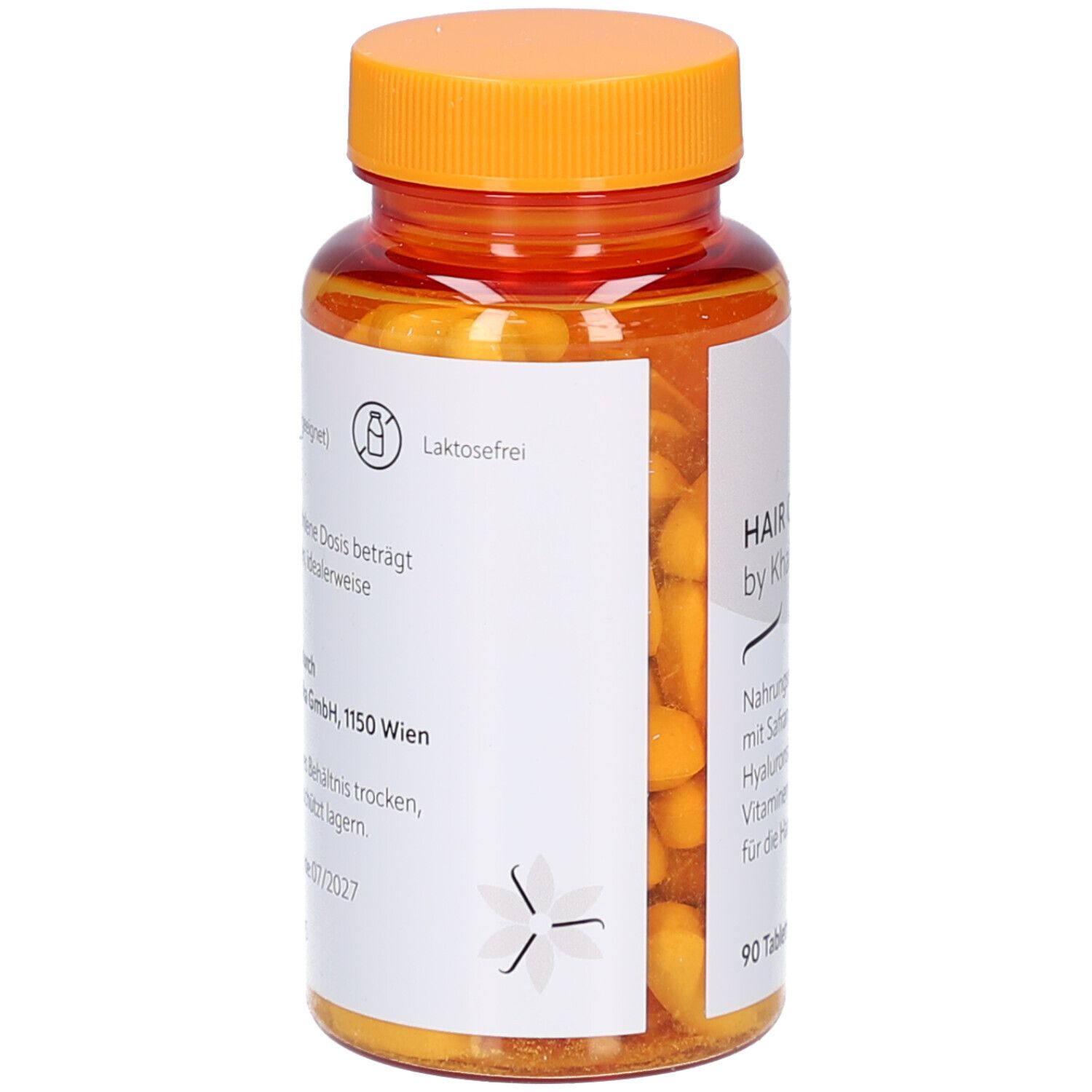 Rückseite einer Flasche mit braunen Tabletten. Aufkleber mit Produktinformationen, darunter 'laktosefrei'.