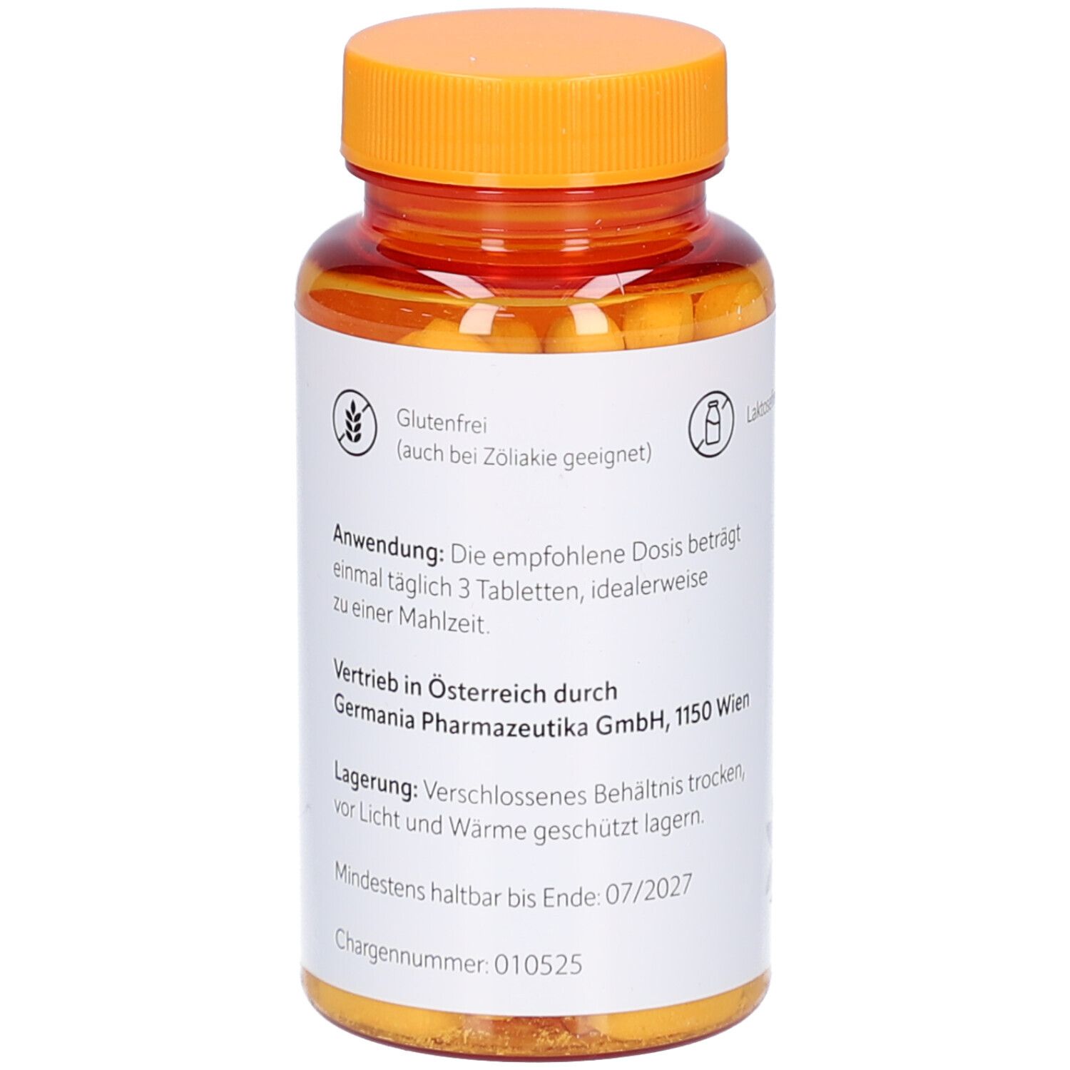 Rückseite einer Flasche mit braunen Tabletten. Aufkleber mit Produktinformationen, darunter 'glutenfrei'.