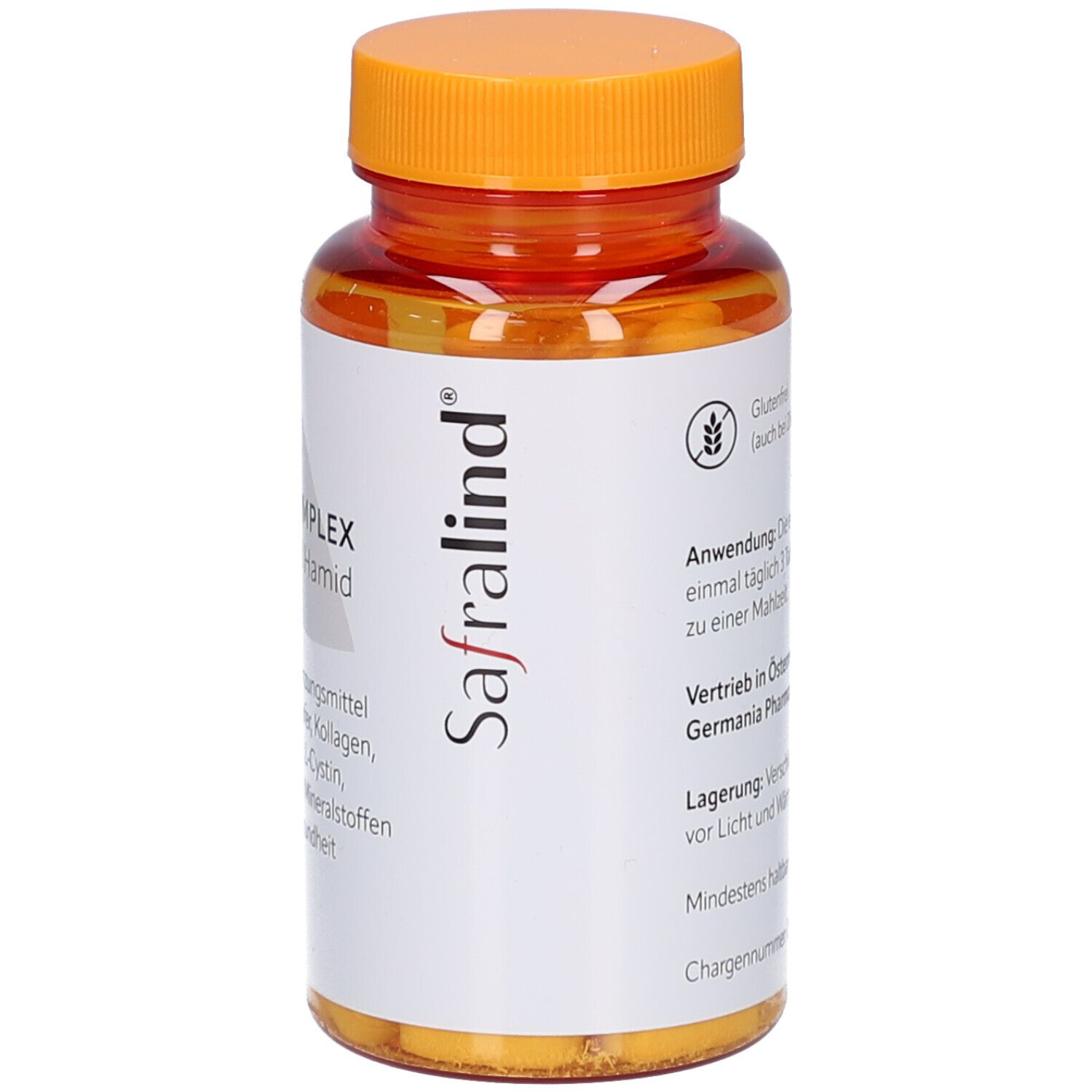 Braune Tabletten in einer transparenten Flasche mit orangefarbenem Deckel. Aufkleber mit Produktinformationen und 'Safralind'.