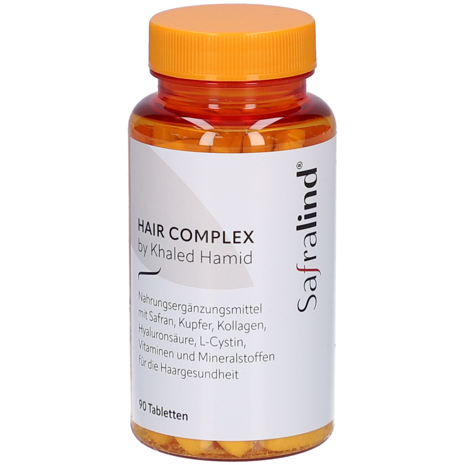 Braune Tabletten in einer transparenten Flasche mit orangefarbenem Deckel. Aufkleber mit Produktinformationen und 'Safralind'.