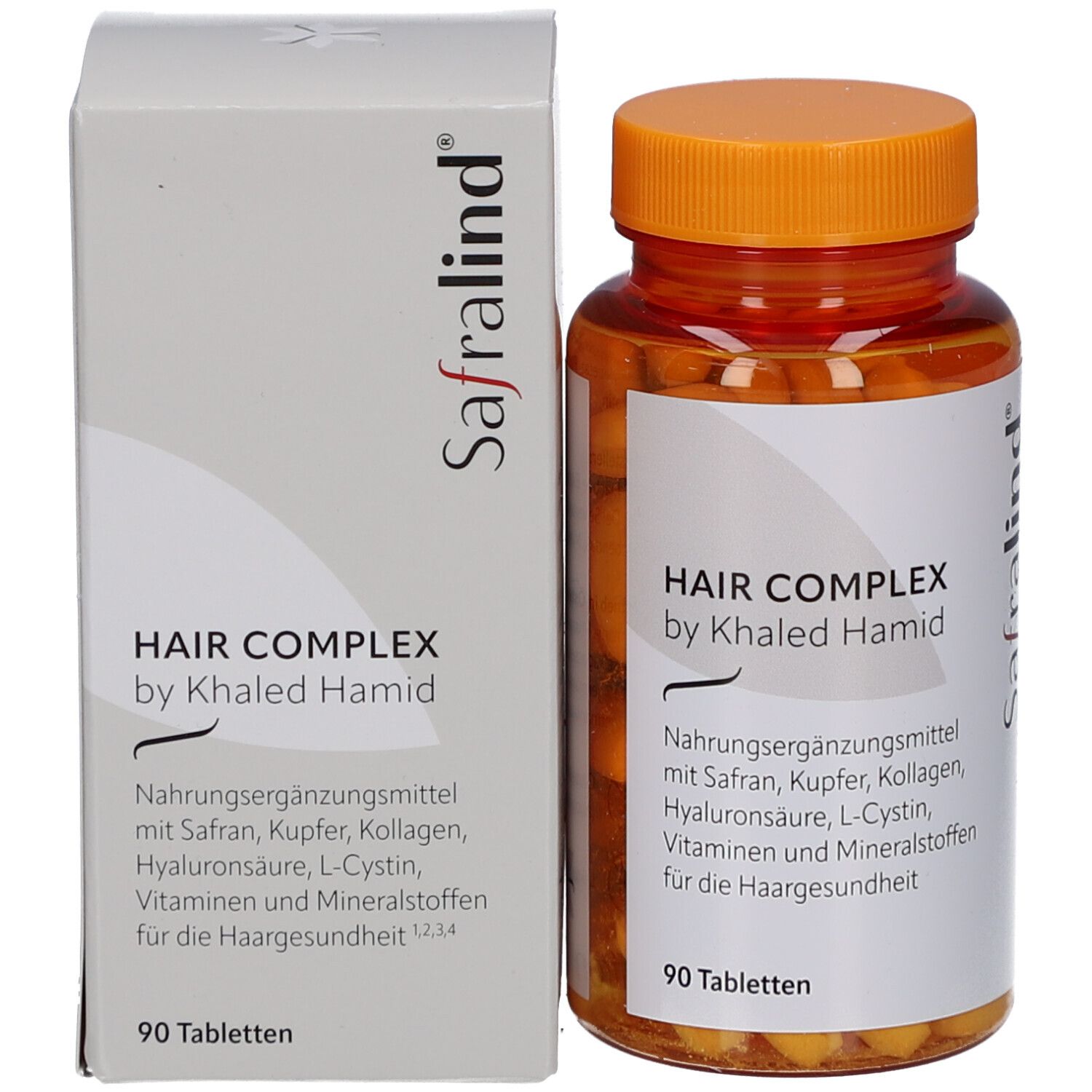 Produktflasche und Schachtel. Braune Tabletten in transparenter Flasche mit orangefarbenem Deckel. Schachtel mit Produktinformationen.