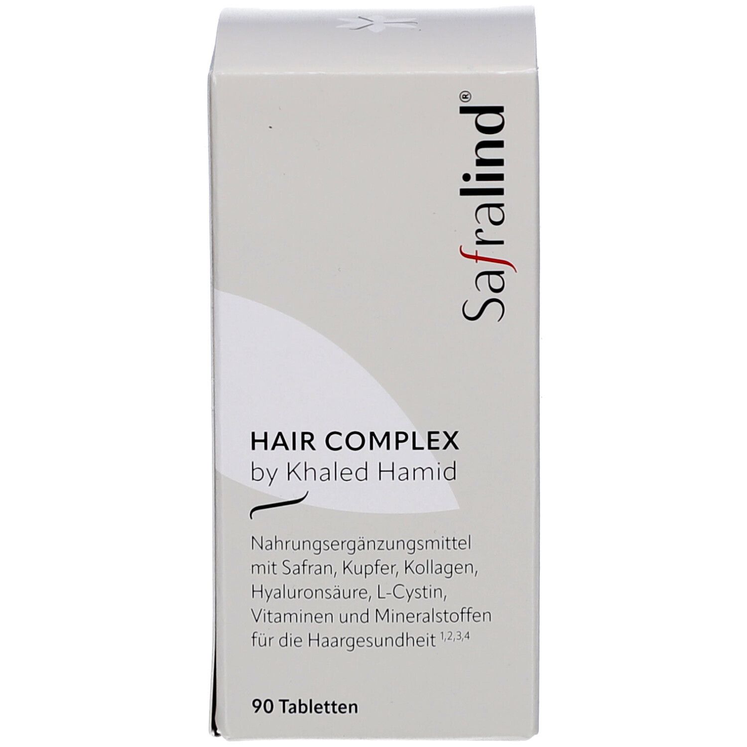 Produktverpackung. Weiße Schachtel mit Produktinformationen und 'Safralind'.