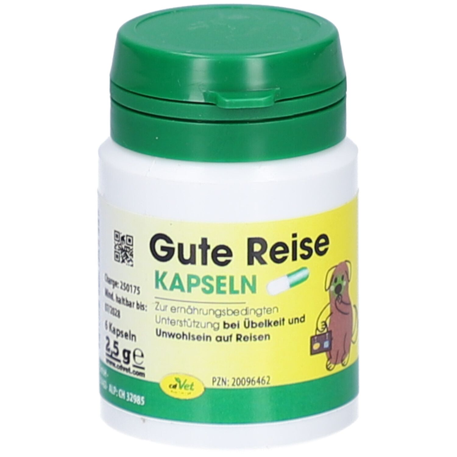 Weiße Dose mit grünem Deckel. Aufschrift: Gute Reise Kapseln. Enthält 6 Kapseln. Illustration eines Hundes mit Koffer.