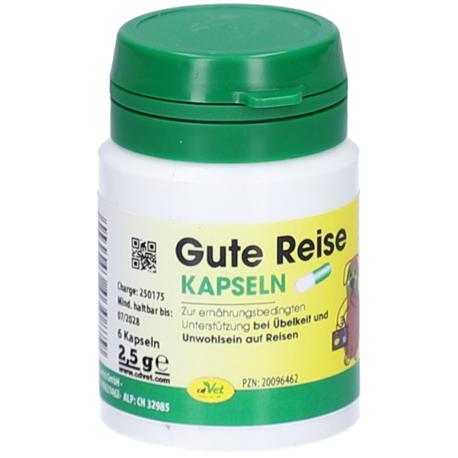 Weiße Dose mit grünem Deckel. Aufschrift: Gute Reise Kapseln. Enthält 6 Kapseln. Illustration eines Hundes mit Koffer.