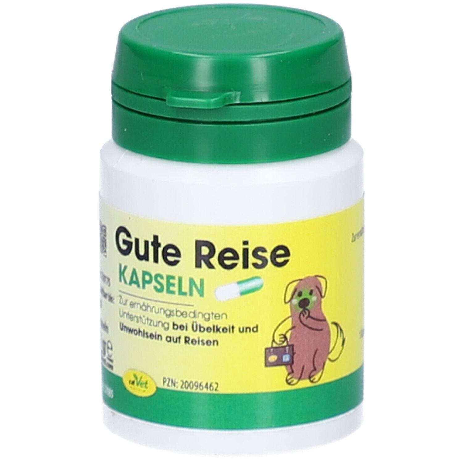 Weiße Dose mit grünem Deckel. Aufschrift: Gute Reise Kapseln. Illustration eines Hundes mit Koffer. Grüne Kapsel abgebildet.
