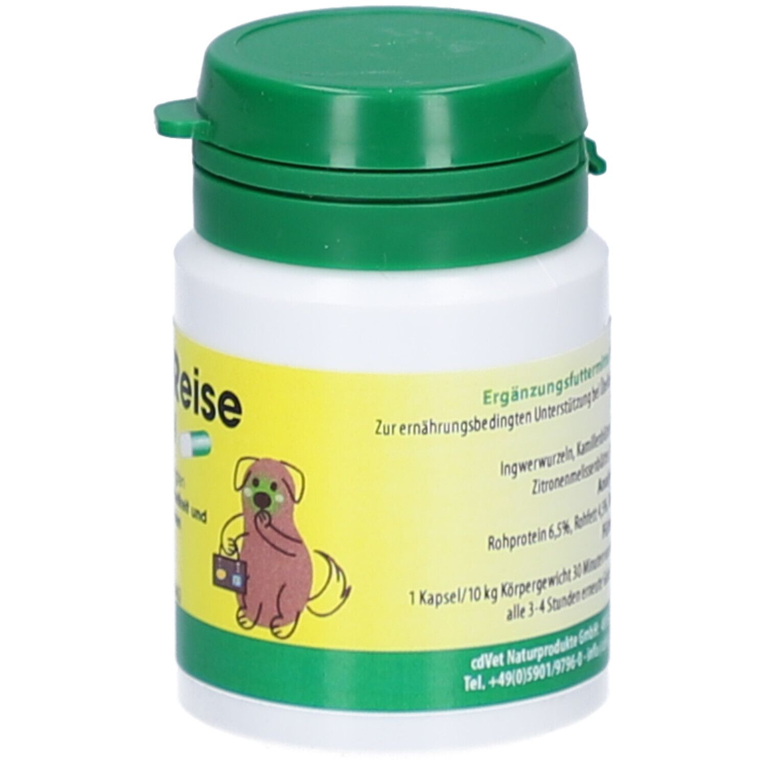 Weiße Dose mit grünem Deckel. Aufschrift: Gute Reise Kapseln. Illustration eines Hundes mit Koffer. Text über Fütterungsempfehlung.