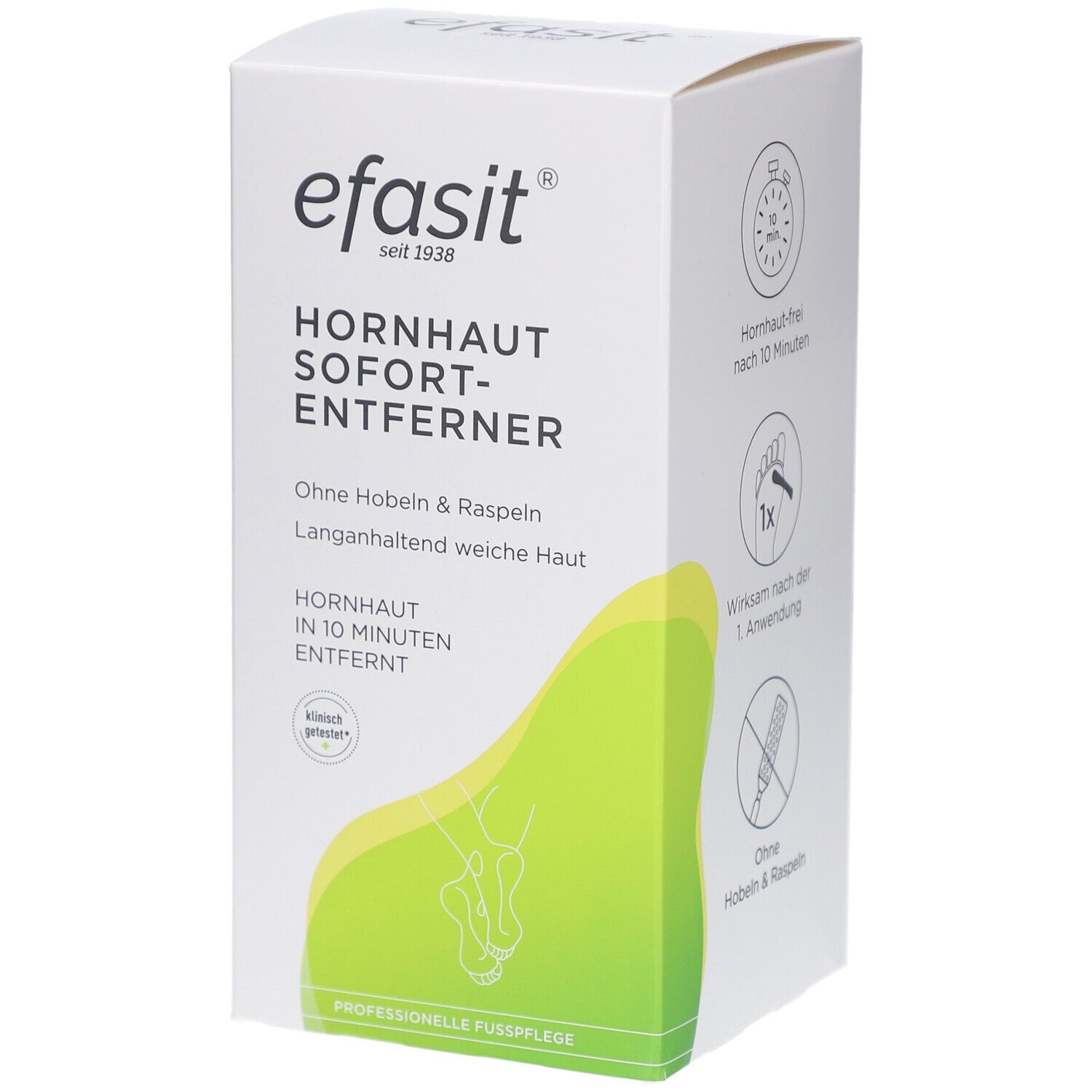 Weiße Produktverpackung mit grünem Akzent. Enthält den Schriftzug "efasit® Hornhaut Sofort-Entferner".