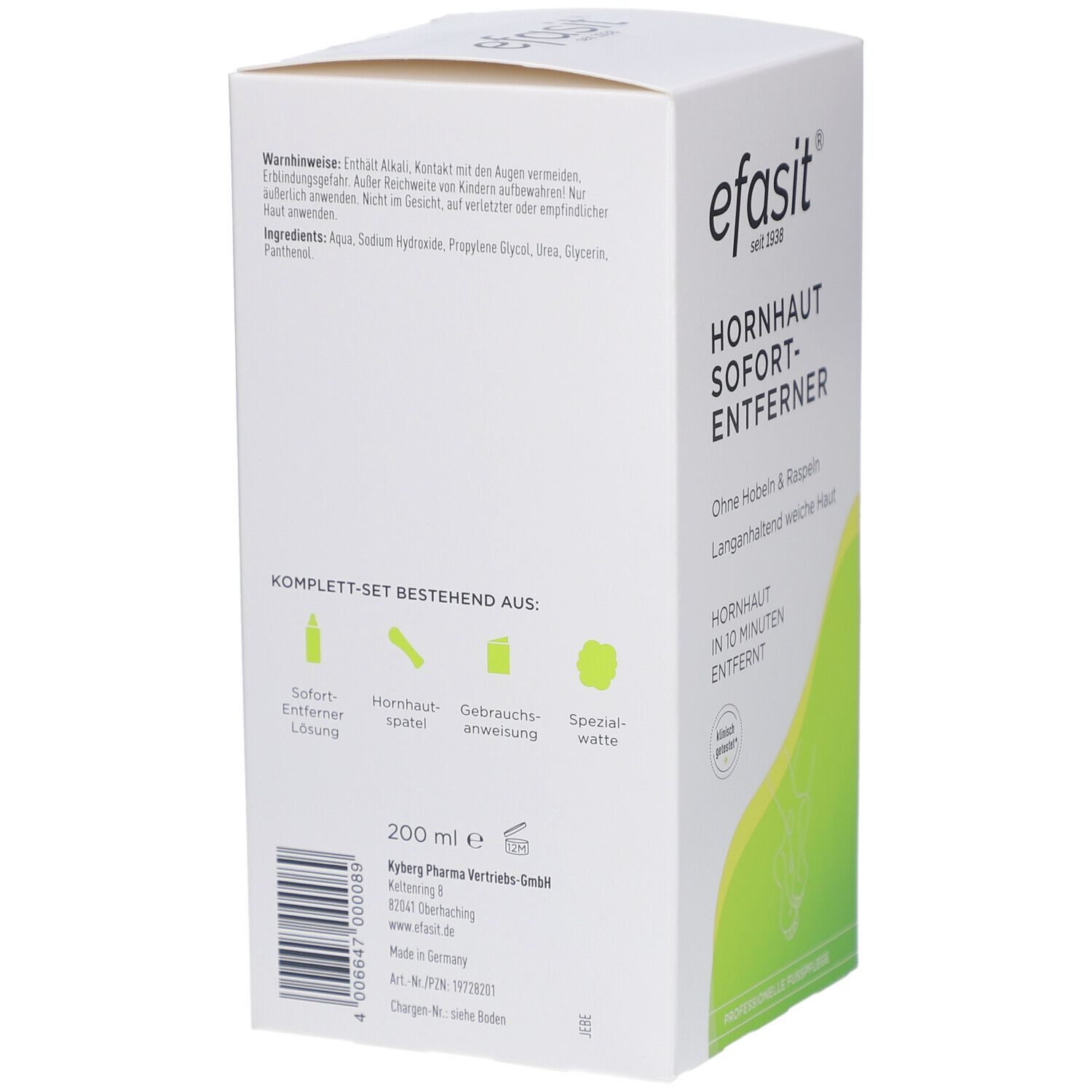 Rückseite der Produktverpackung. Enthält Inhaltsstoffe, Set-Bestandteile und Herstellerinformationen.