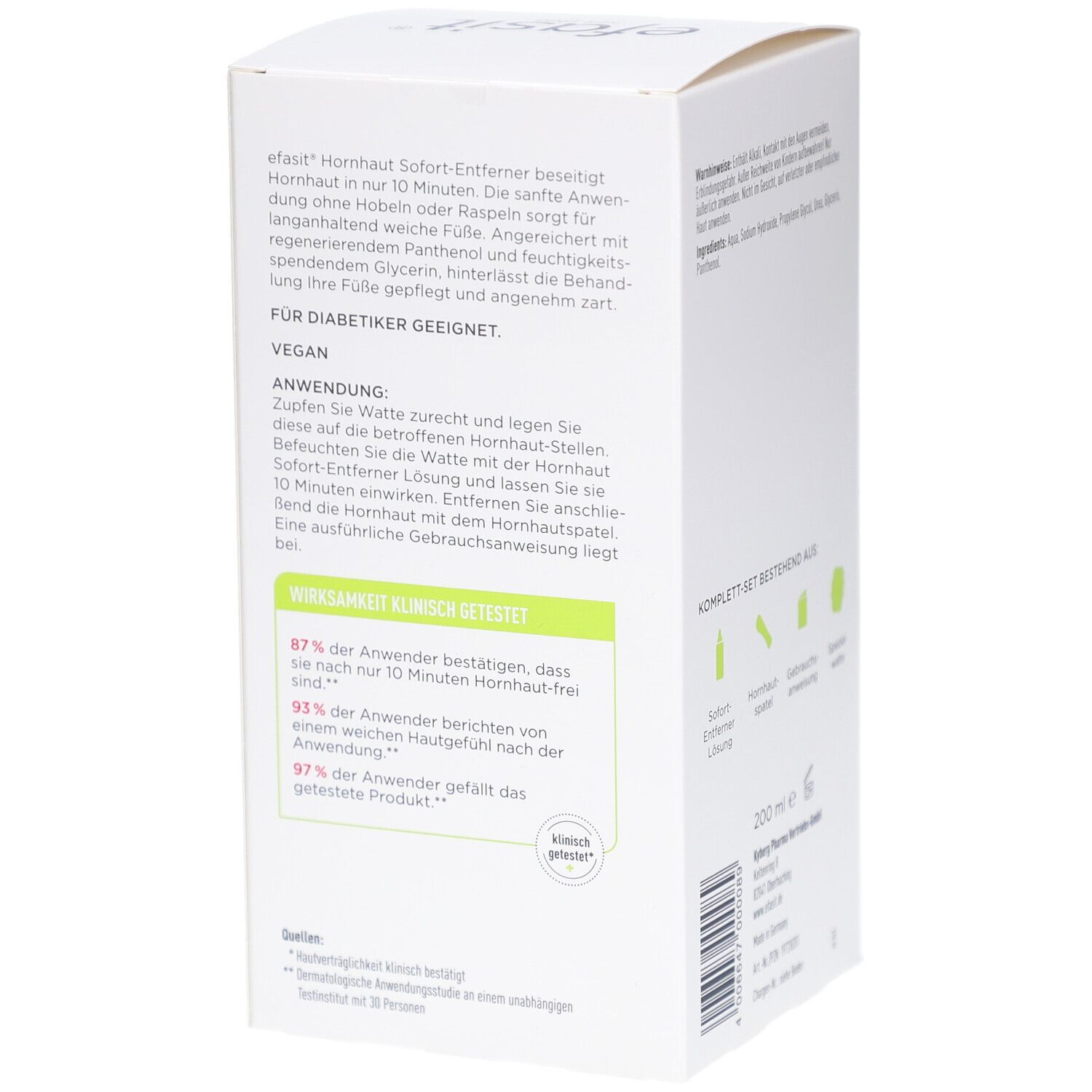 Produktverpackung mit Text über die Anwendung und klinische Wirksamkeit. Vegan und für Diabetiker geeignet.