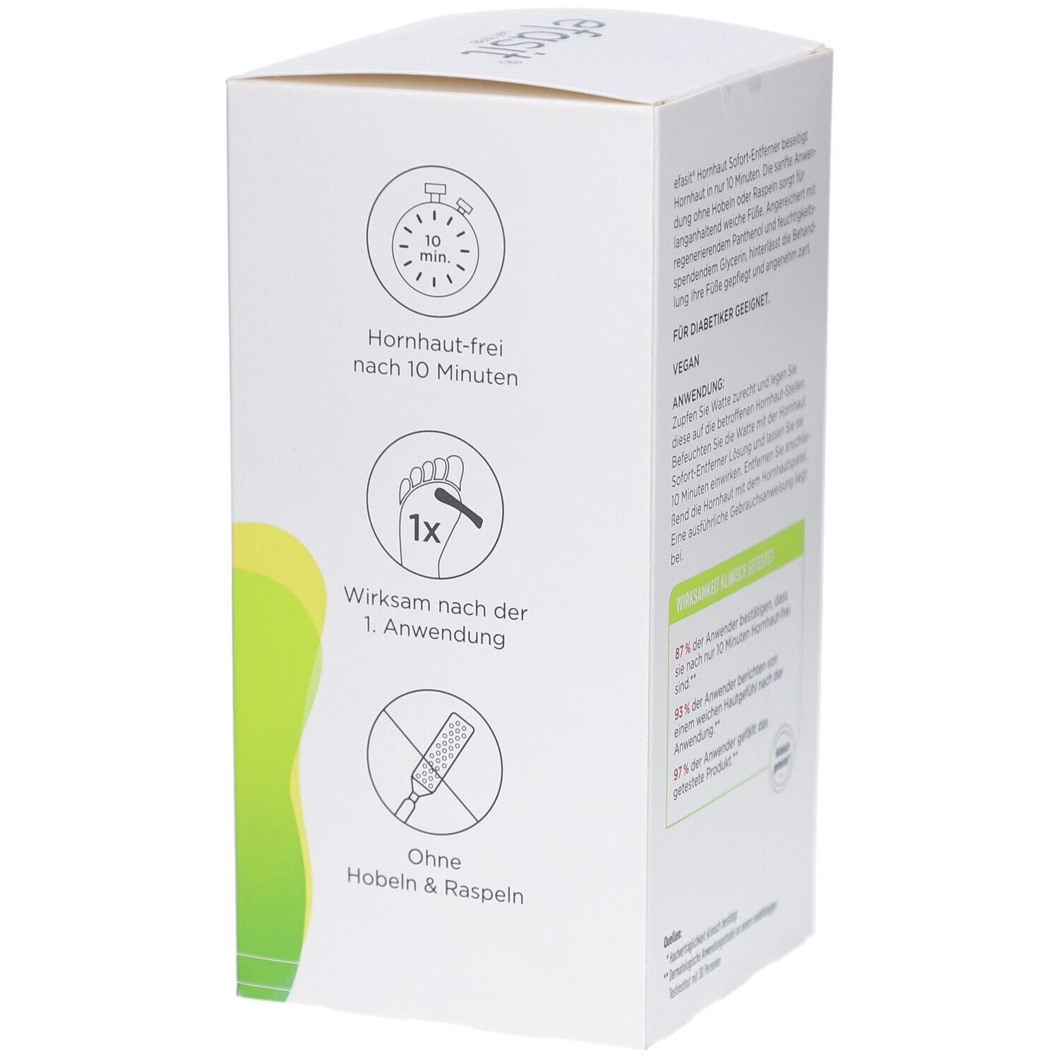 Produktverpackung mit Piktogrammen: Hornhaut-frei nach 10 Minuten, 1x Anwendung, ohne Hobeln & Raspeln.