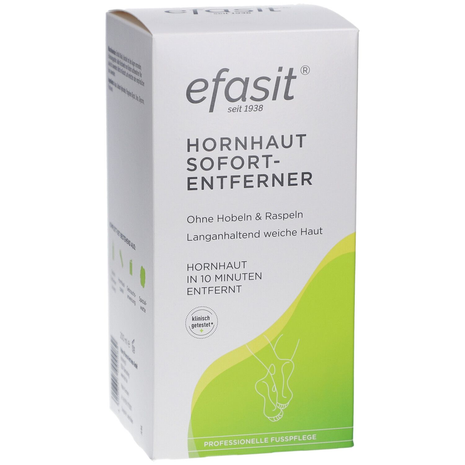 Weiße Produktverpackung mit grünem Akzent. Enthält den Schriftzug "efasit® Hornhaut Sofort-Entferner".