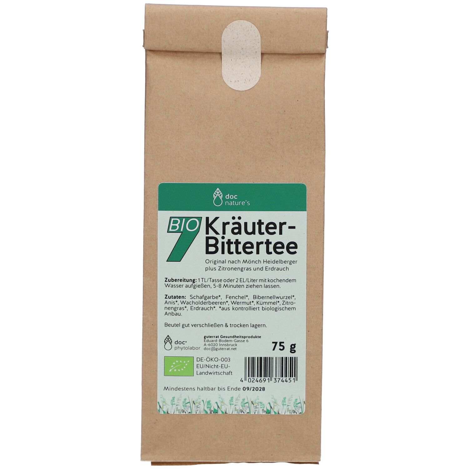 Brauner Beutel mit grünem Etikett. Aufschrift: BIO Kräuter-Bittertee. Enthält 75 g. Mit EU-Bio-Logo.