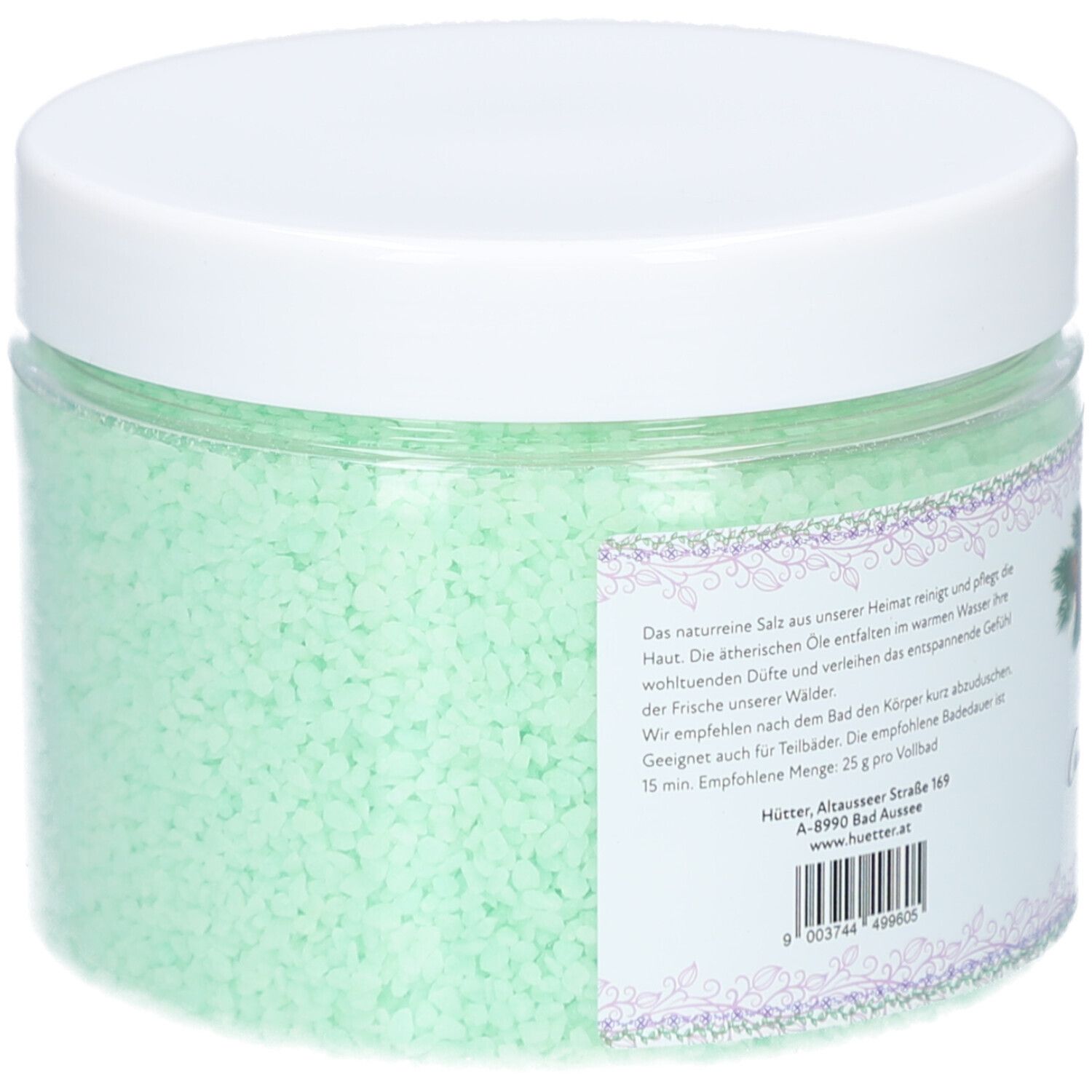 Transparente Dose mit grünem Badesalz. Auf der Rückseite Text und Adresse. Weißer Deckel.