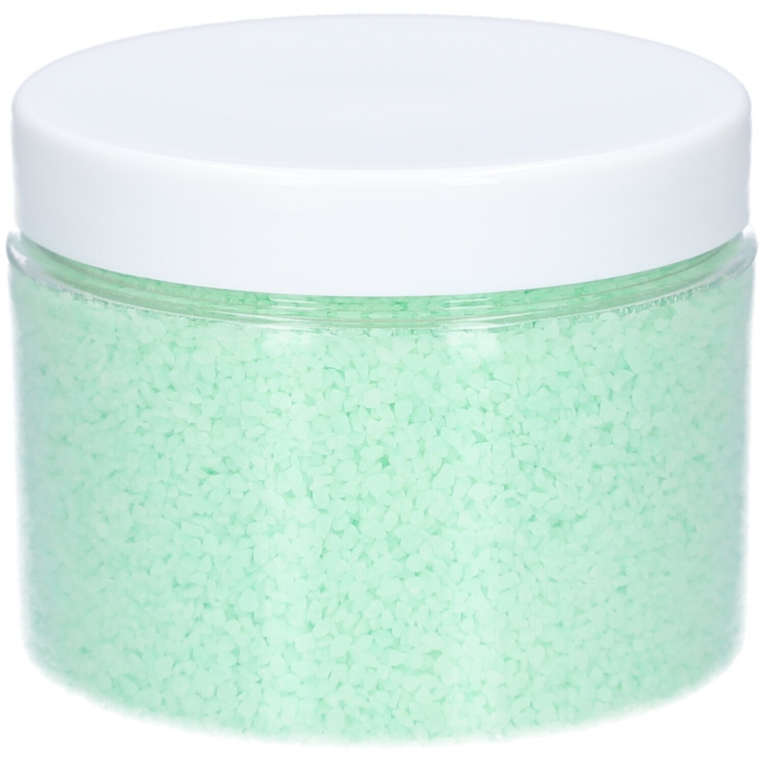 Runde, transparente Dose mit grünem Badesalz. Weißer Deckel.