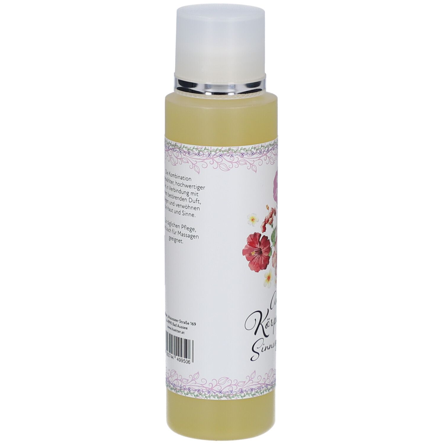 Körperöl-Flasche, Seitenansicht. Etikett mit Text und floralem Design. Weißer Deckel, silberner Ring.