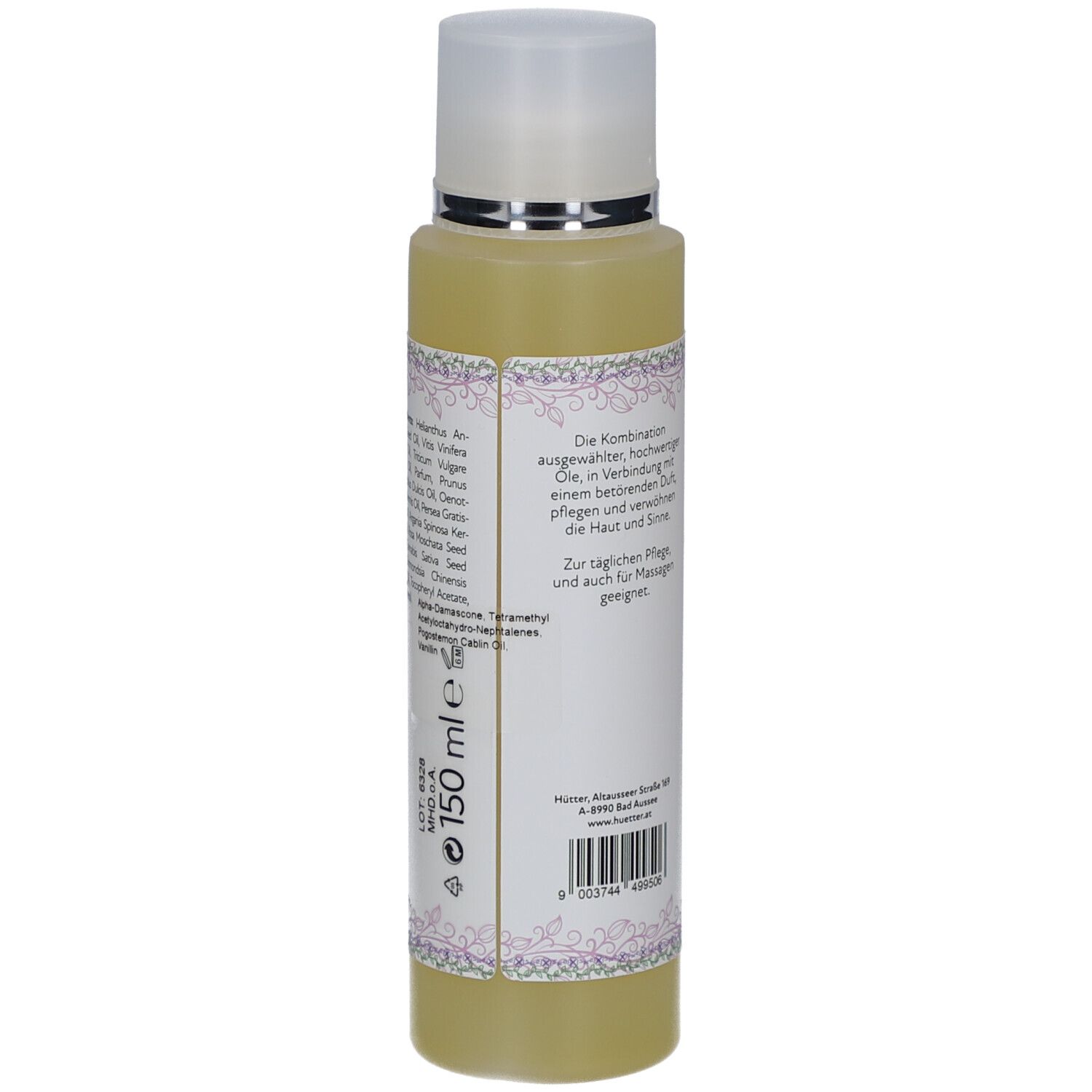 Körperöl-Flasche, Rückseite. Etikett mit Text, Inhaltsangaben und 150 ml Angabe. Weißer Deckel.