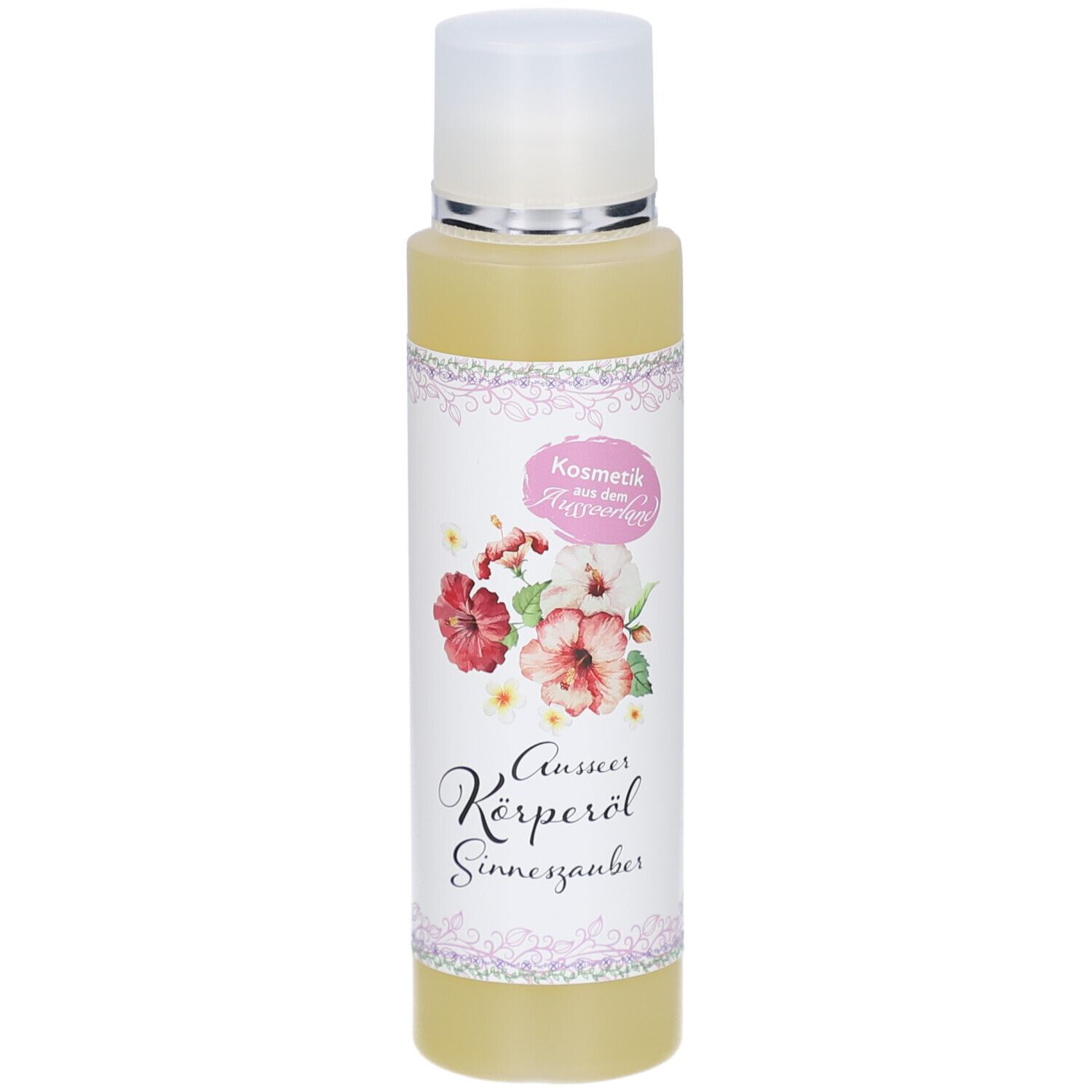 Körperöl-Flasche mit floralem Etikett und weißem Deckel. Aufschrift: Aussner Körperöl Sinneszauber.
