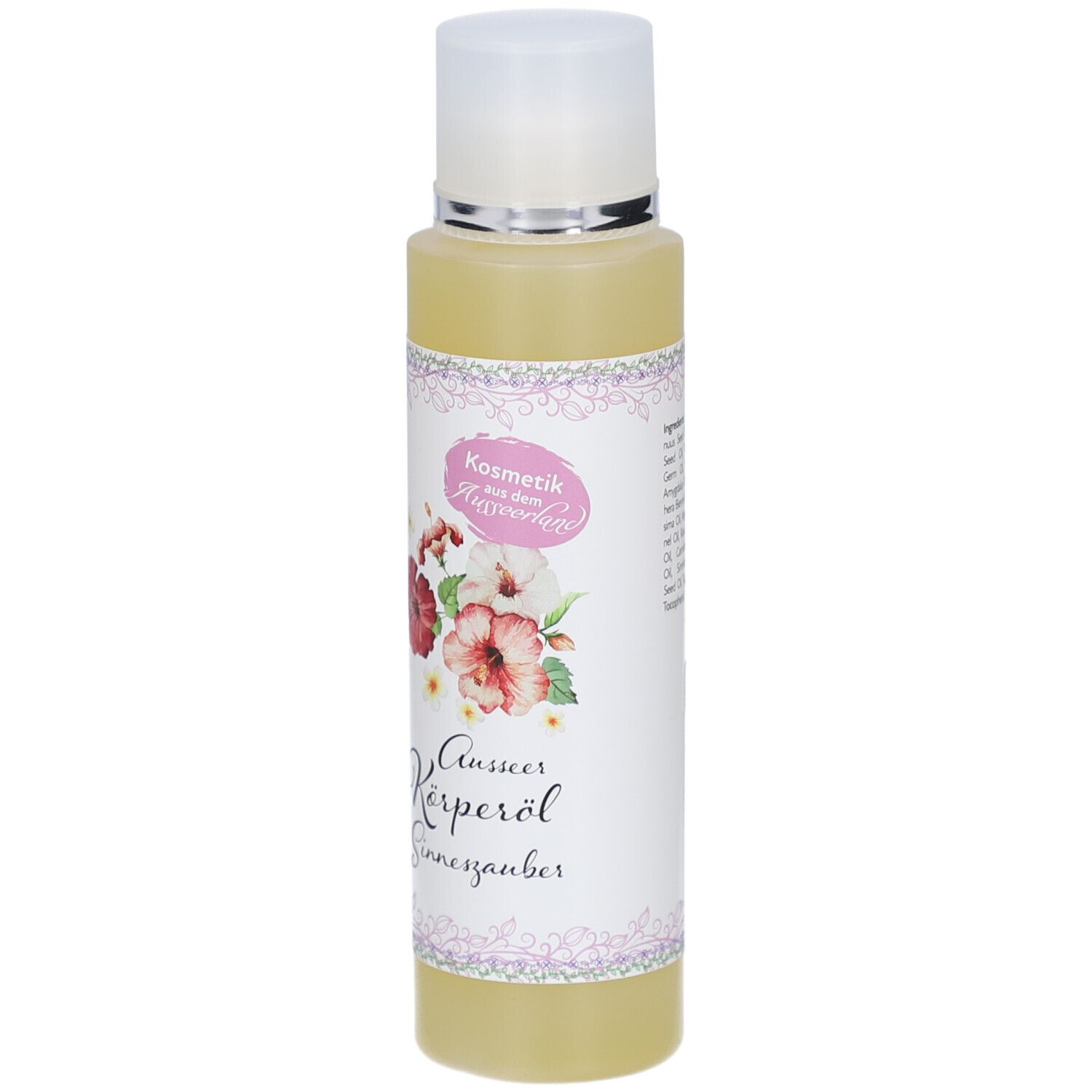 Körperöl-Flasche mit floralem Etikett und weißem Deckel. Aufschrift: Aussner Körperöl Sinneszauber.