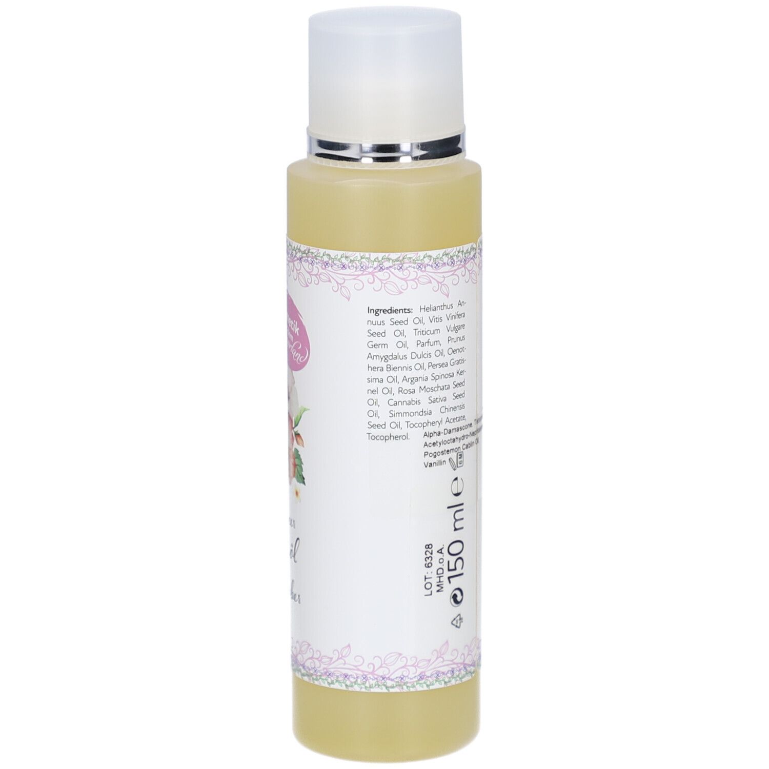 Körperöl-Flasche, Rückseite. Etikett mit Inhaltsstoffen und 150 ml Angabe. Weißer Deckel.