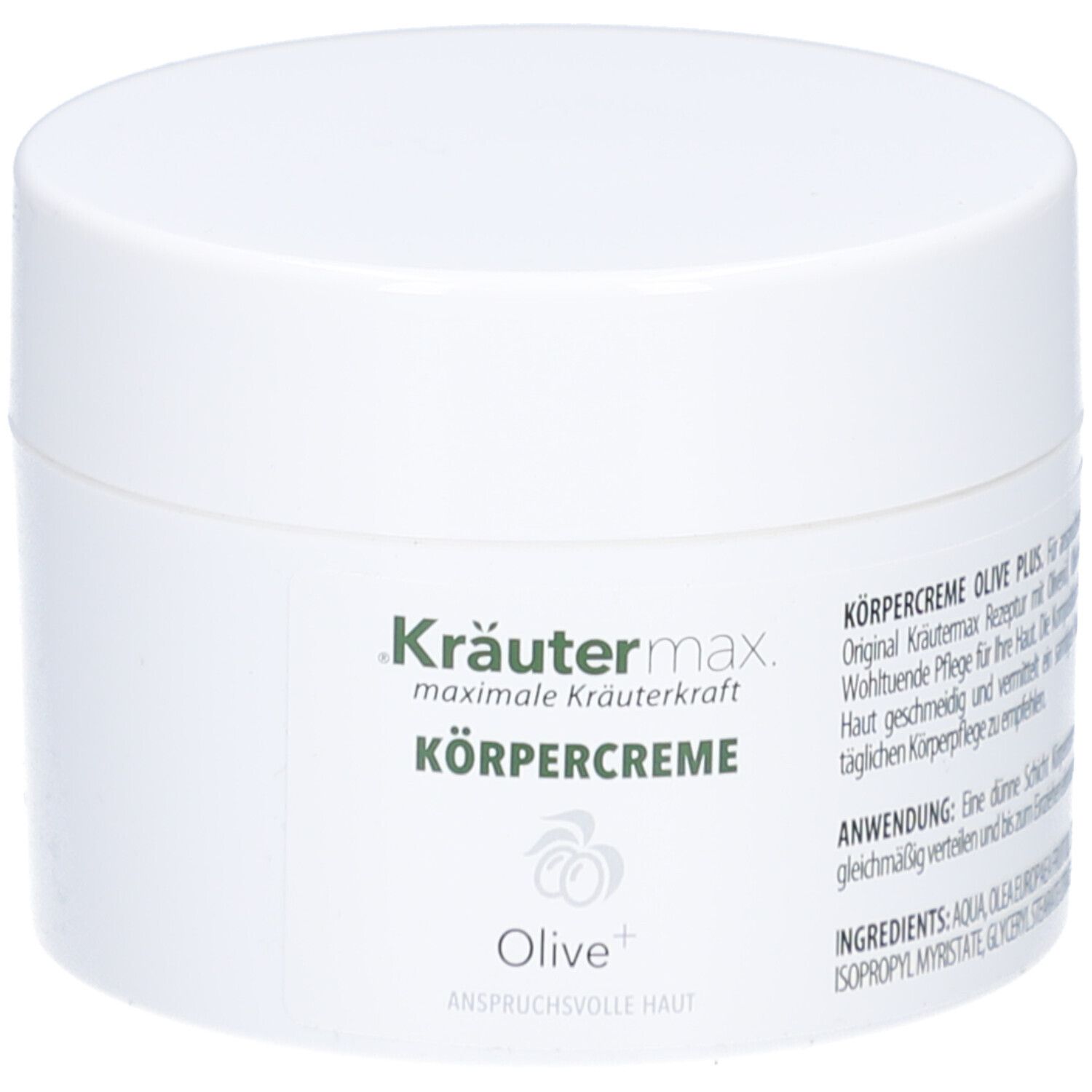 Weiße Dose mit Kräutermax Körpercreme Olive Plus. Aufschrift: Körpercreme, Olive+. Abbildung von Oliven.