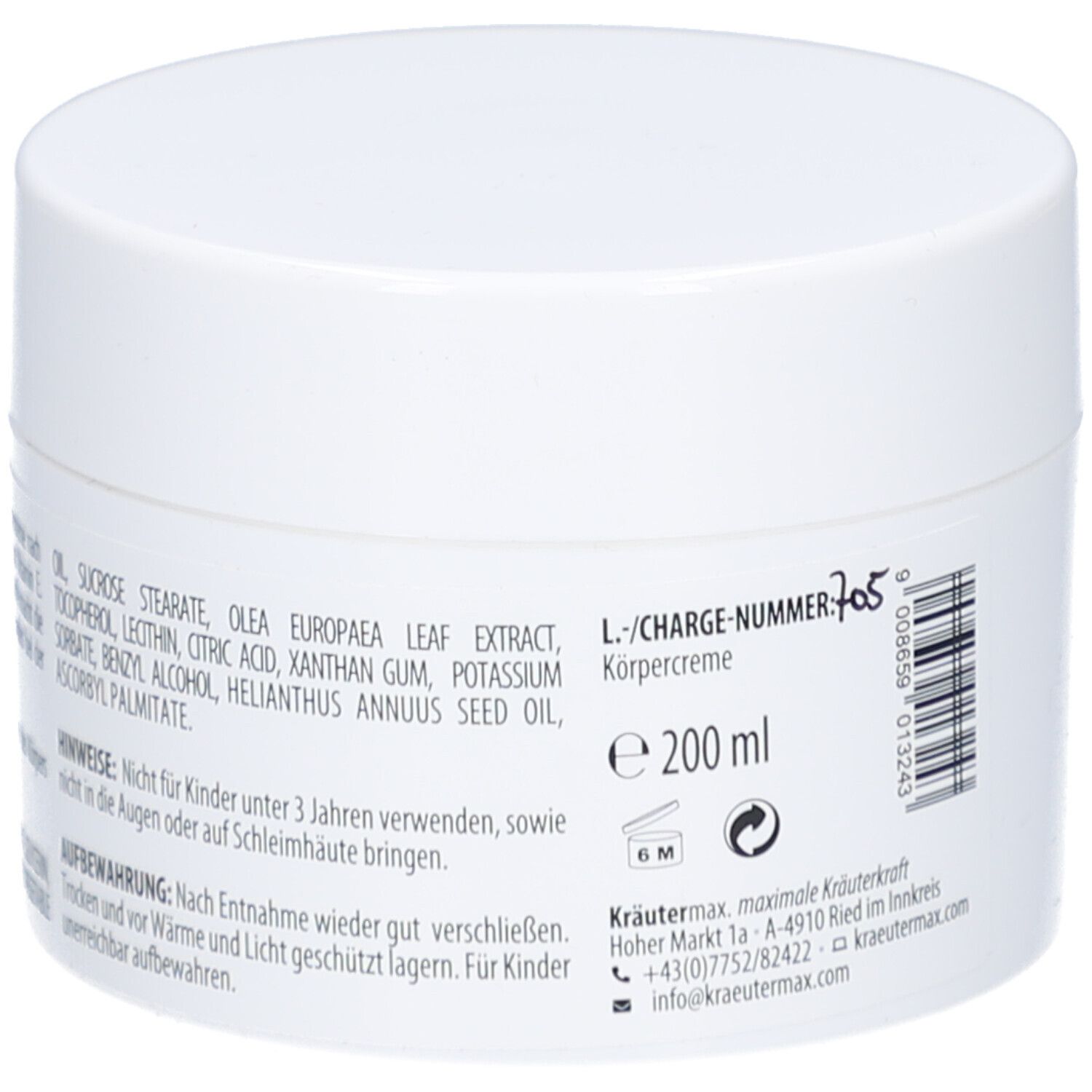 Rückseite der weißen Dose Kräutermax Körpercreme Olive Plus. Text mit Inhaltsstoffen und Chargennummer.