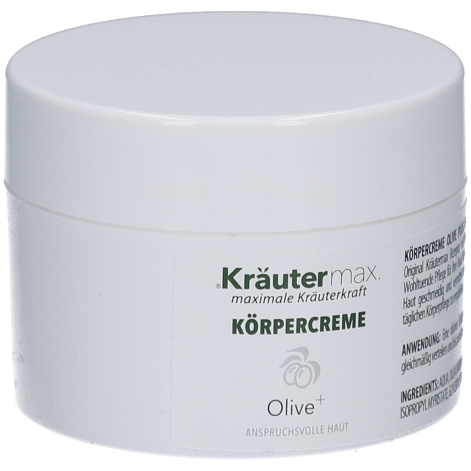Weiße Dose Kräutermax Körpercreme Olive Plus. Aufschrift: Körpercreme, Olive+. Ansicht von oben.