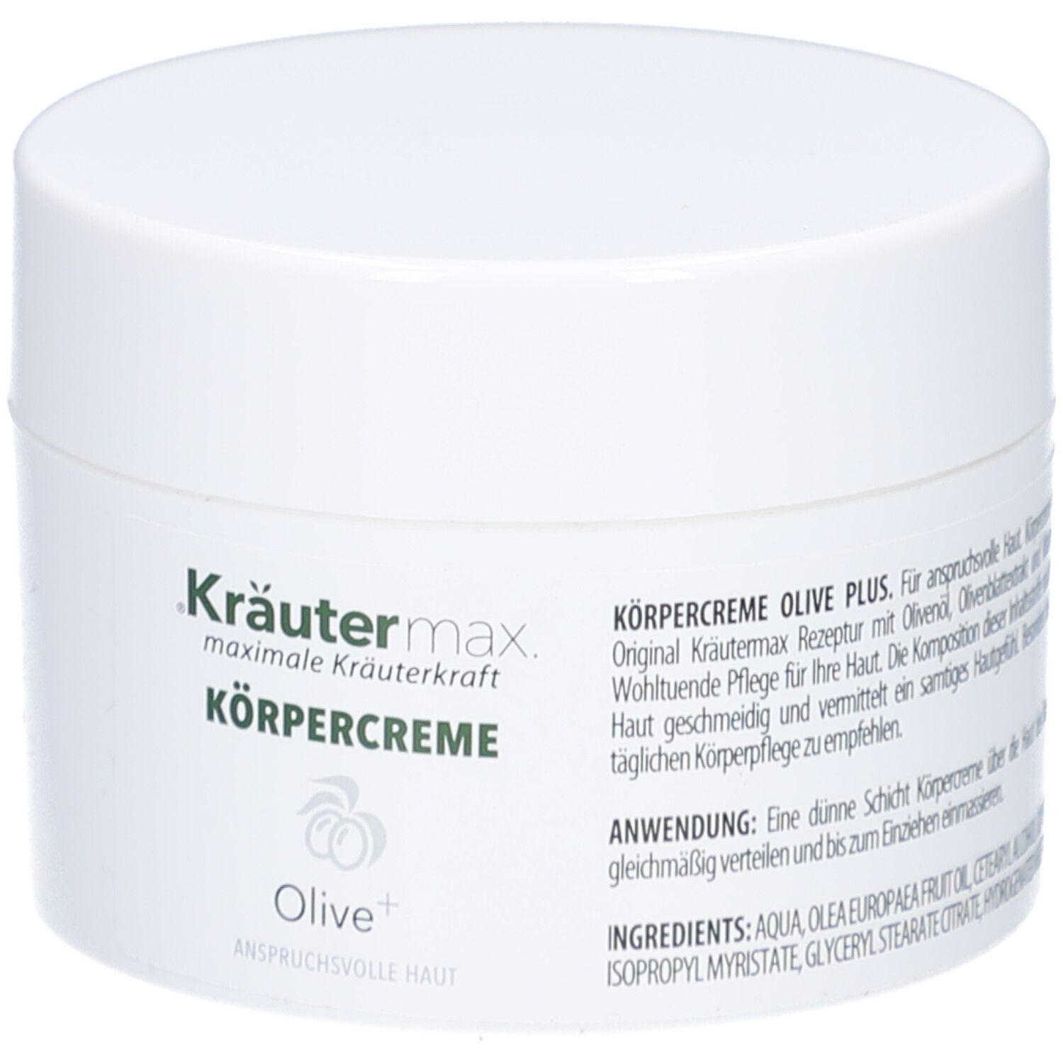 Weiße Dose Kräutermax Körpercreme Olive Plus. Aufschrift: Körpercreme, Olive+. Text mit Anwendung.
